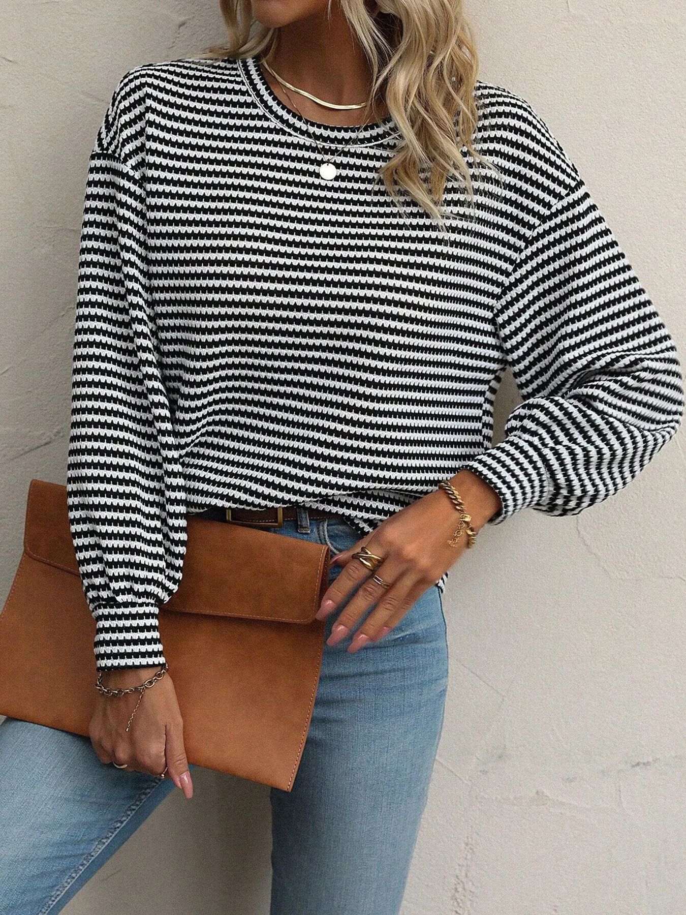 Striped Round Neck Lantern Sleeve Top - Image 4