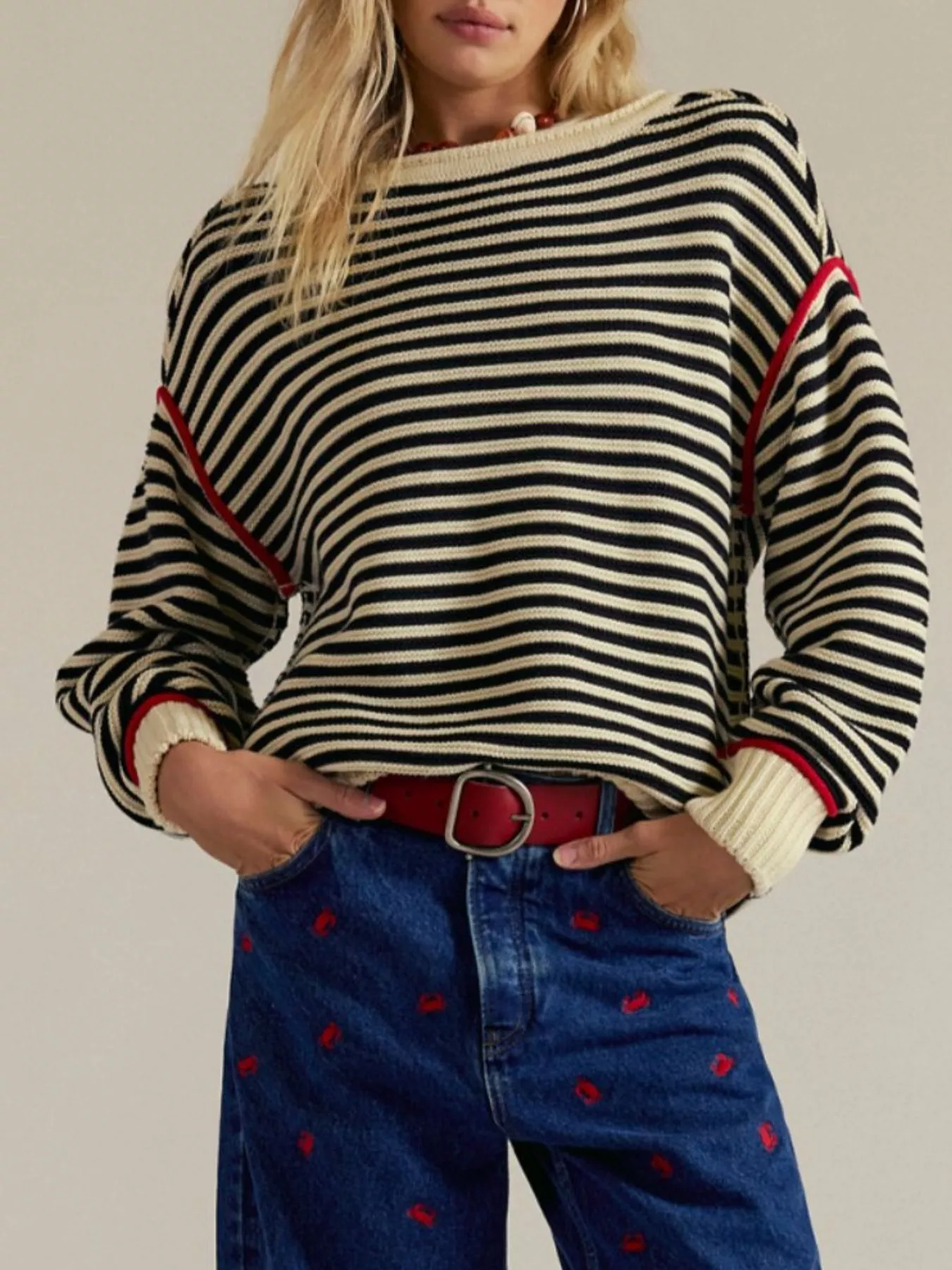 Striped Round Neck Long Sleeve Sweater - Image 11