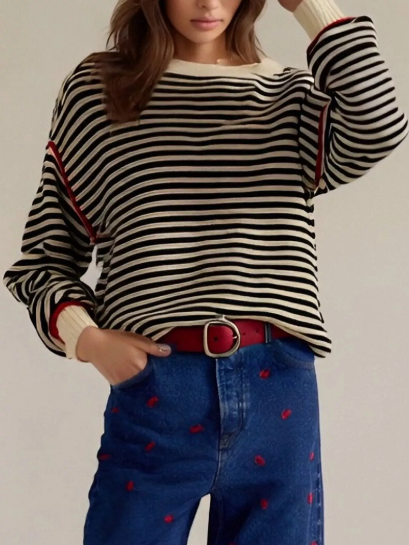 Striped Round Neck Long Sleeve Sweater - Image 12