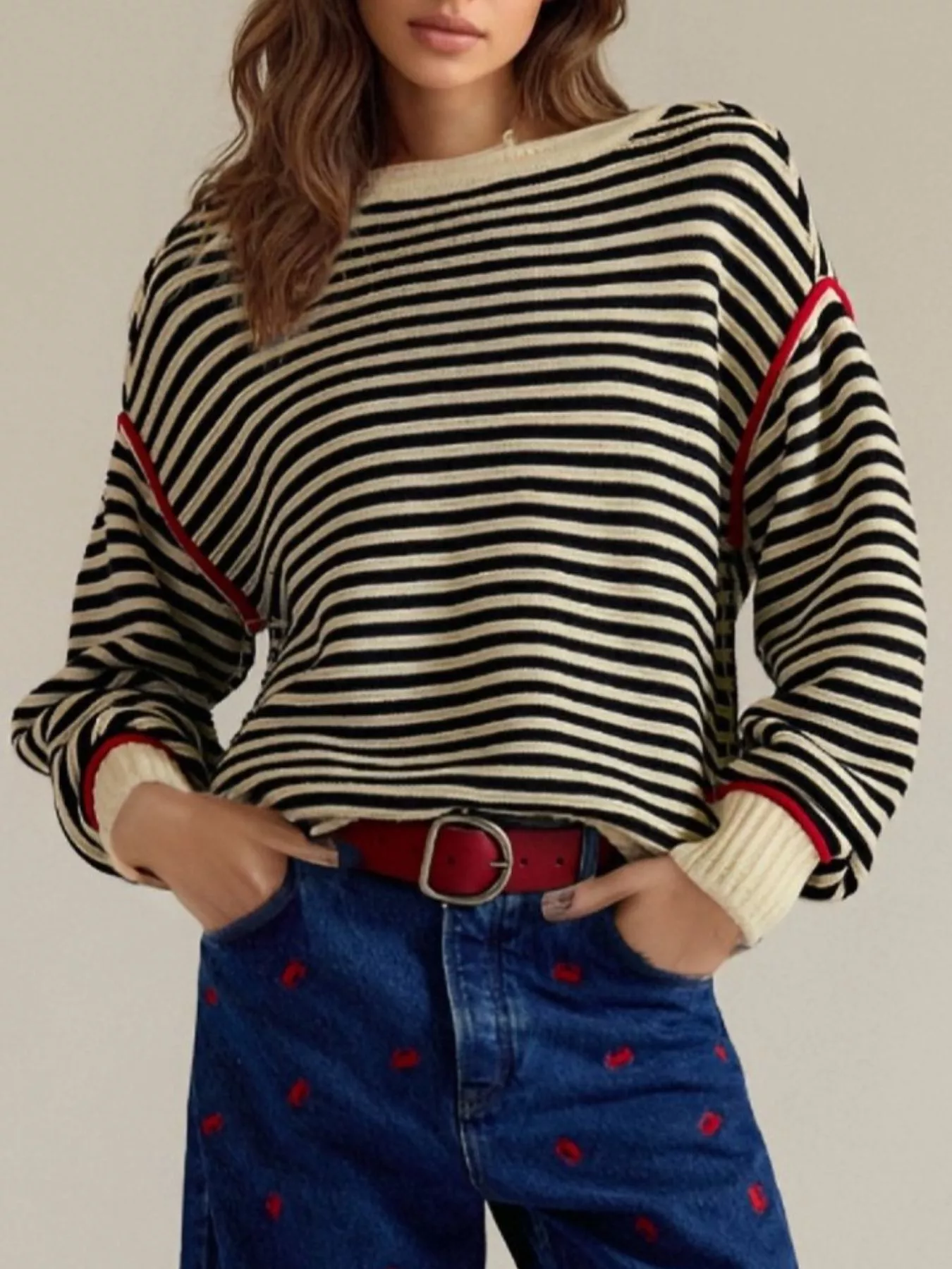 Striped Round Neck Long Sleeve Sweater - Image 13