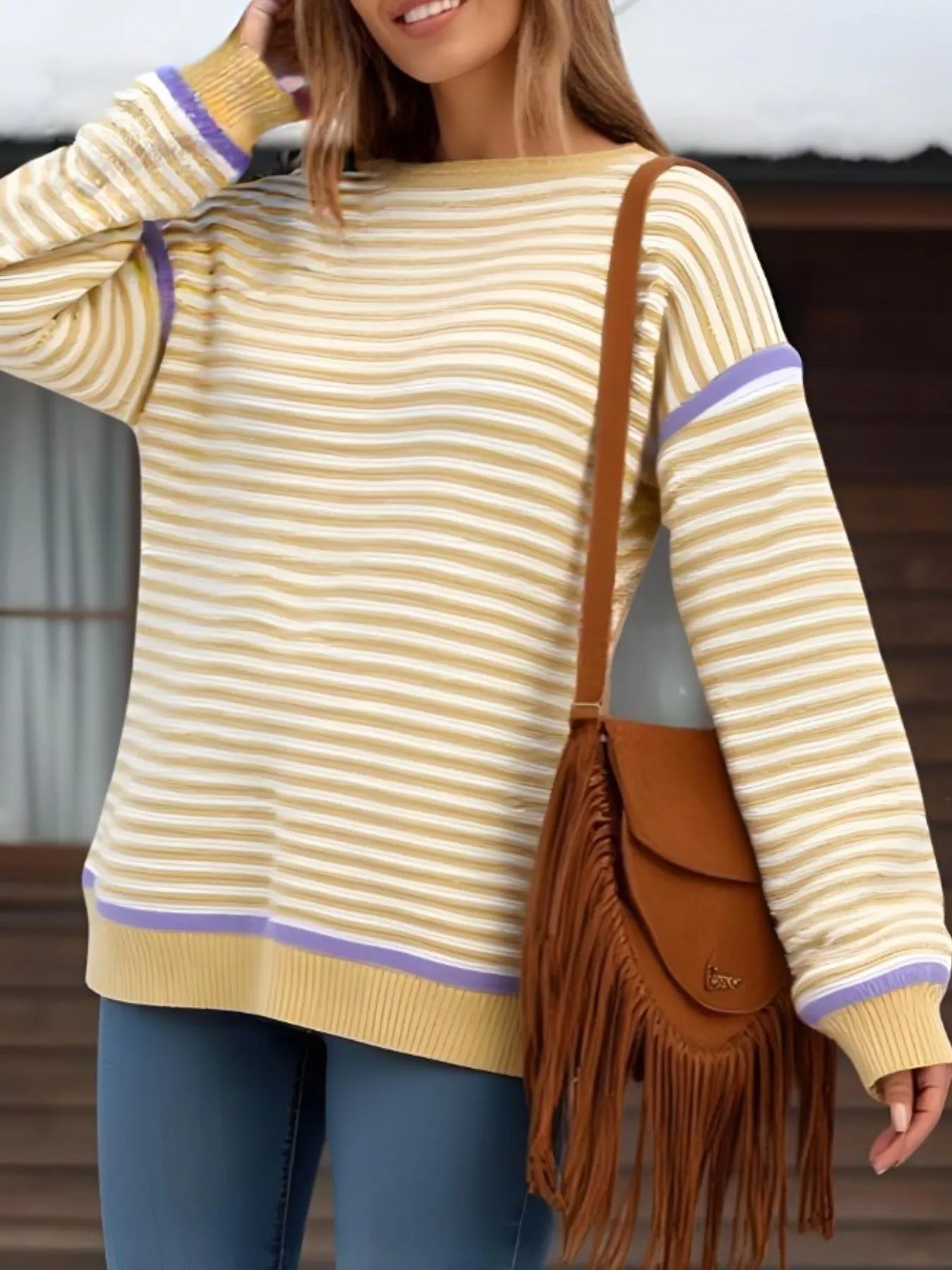 Striped Round Neck Long Sleeve Sweater - Image 16