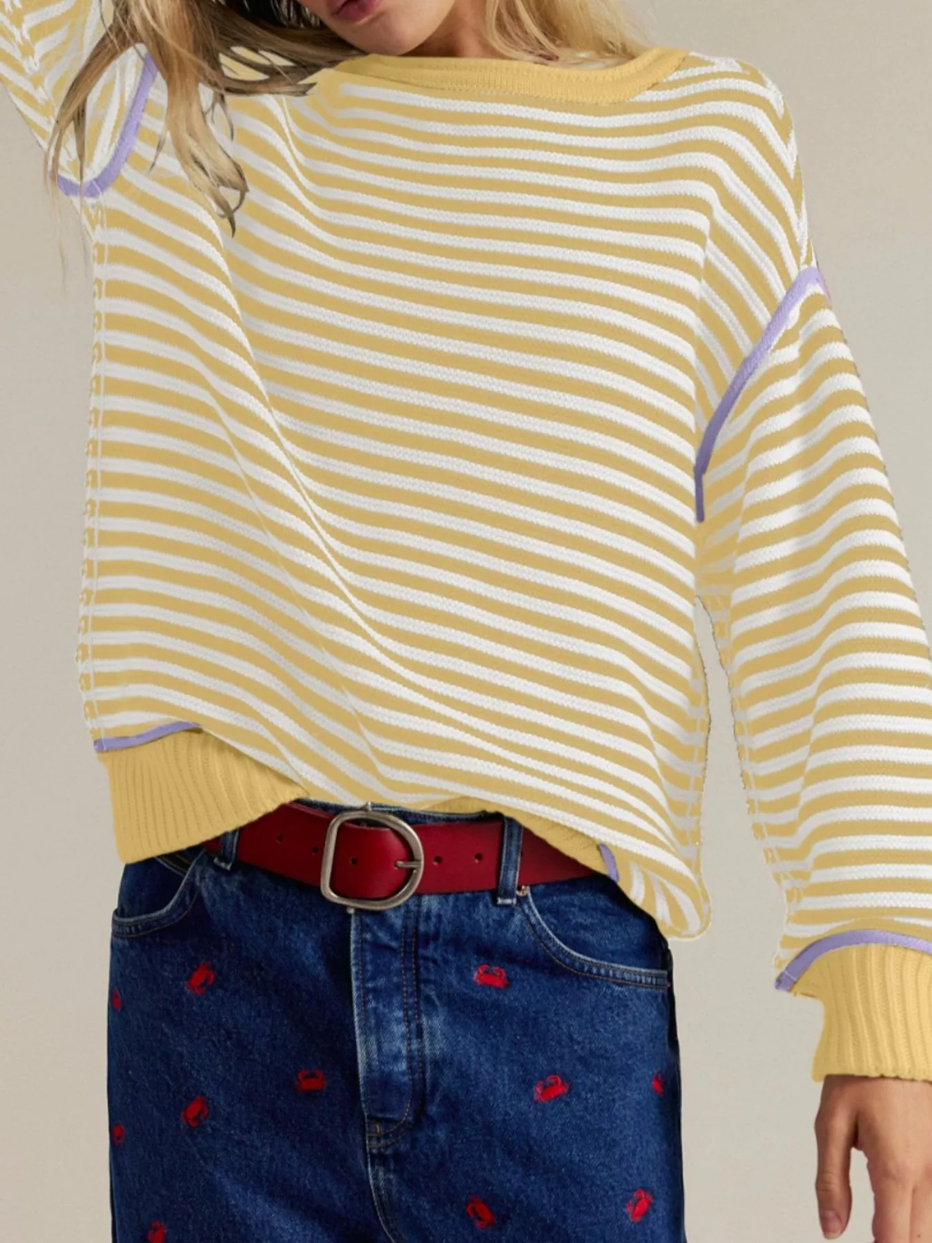 Striped Round Neck Long Sleeve Sweater - Image 17