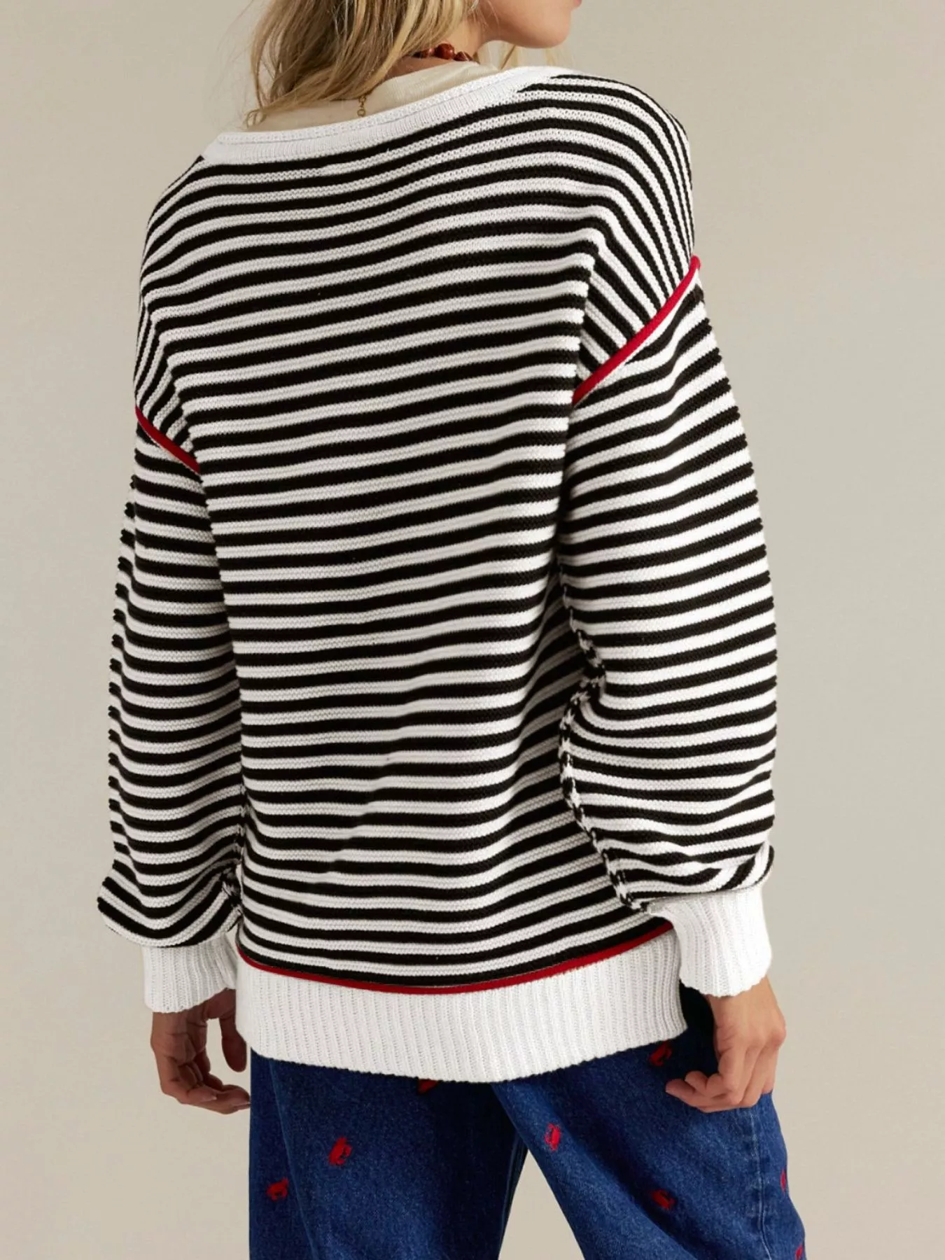 Striped Round Neck Long Sleeve Sweater - Image 3
