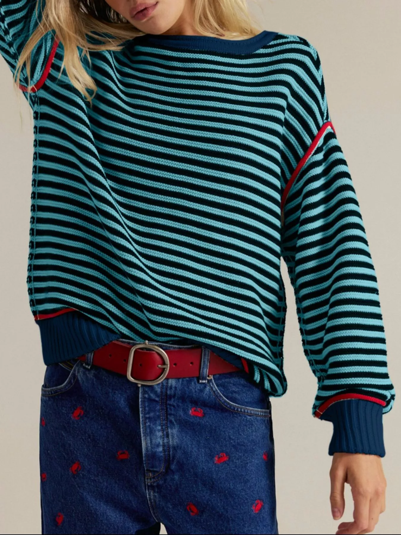 Striped Round Neck Long Sleeve Sweater - Image 4