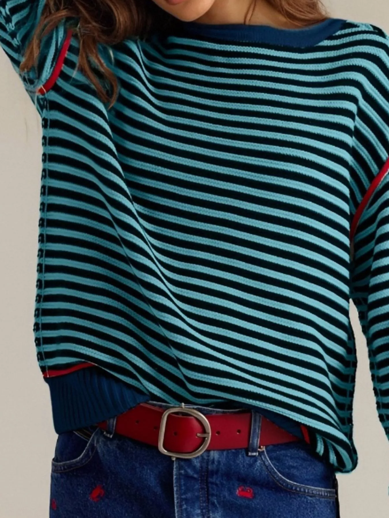 Striped Round Neck Long Sleeve Sweater - Image 5