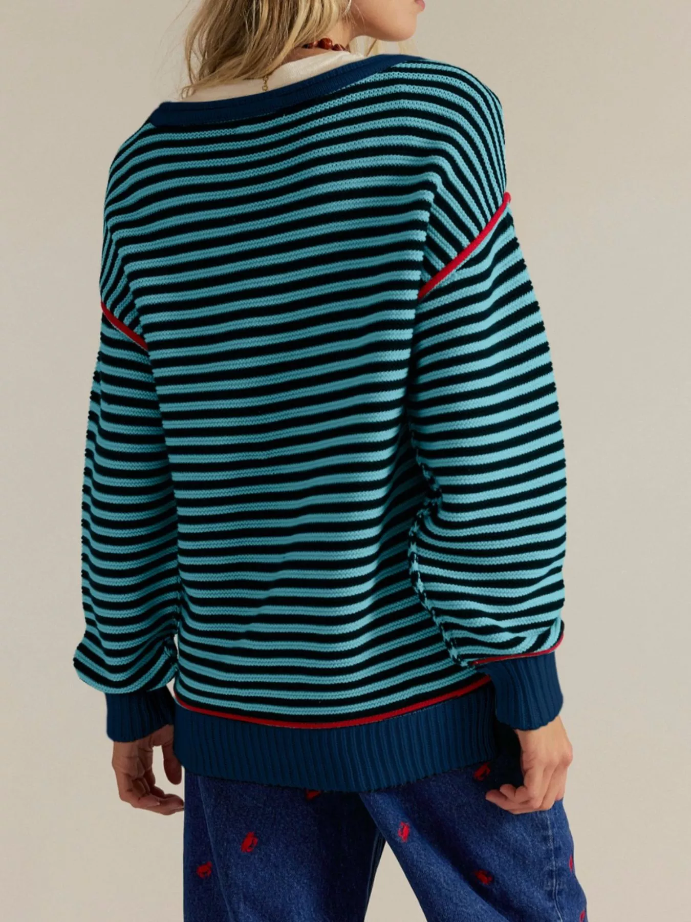 Striped Round Neck Long Sleeve Sweater - Image 6