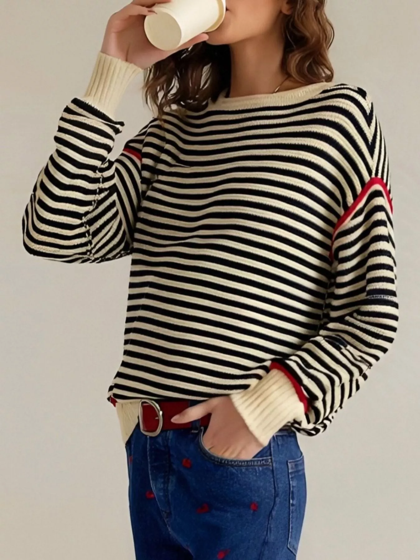 Striped Round Neck Long Sleeve Sweater - Image 8