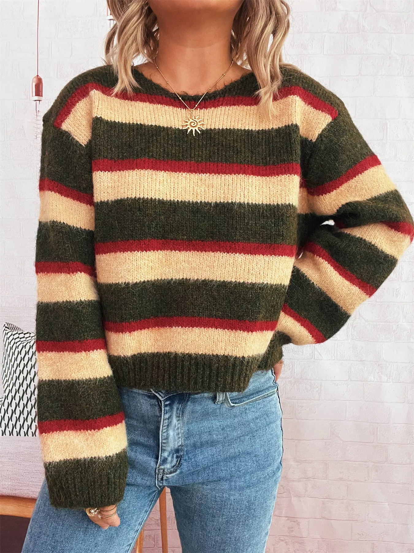 Striped Round Neck Long Sleeve Sweater - Image 7