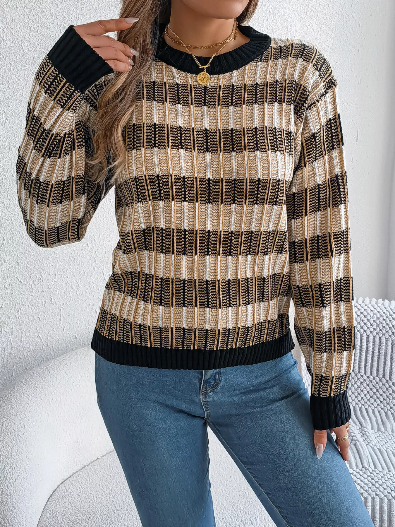Striped Round Neck Long Sleeve Sweater - Image 12