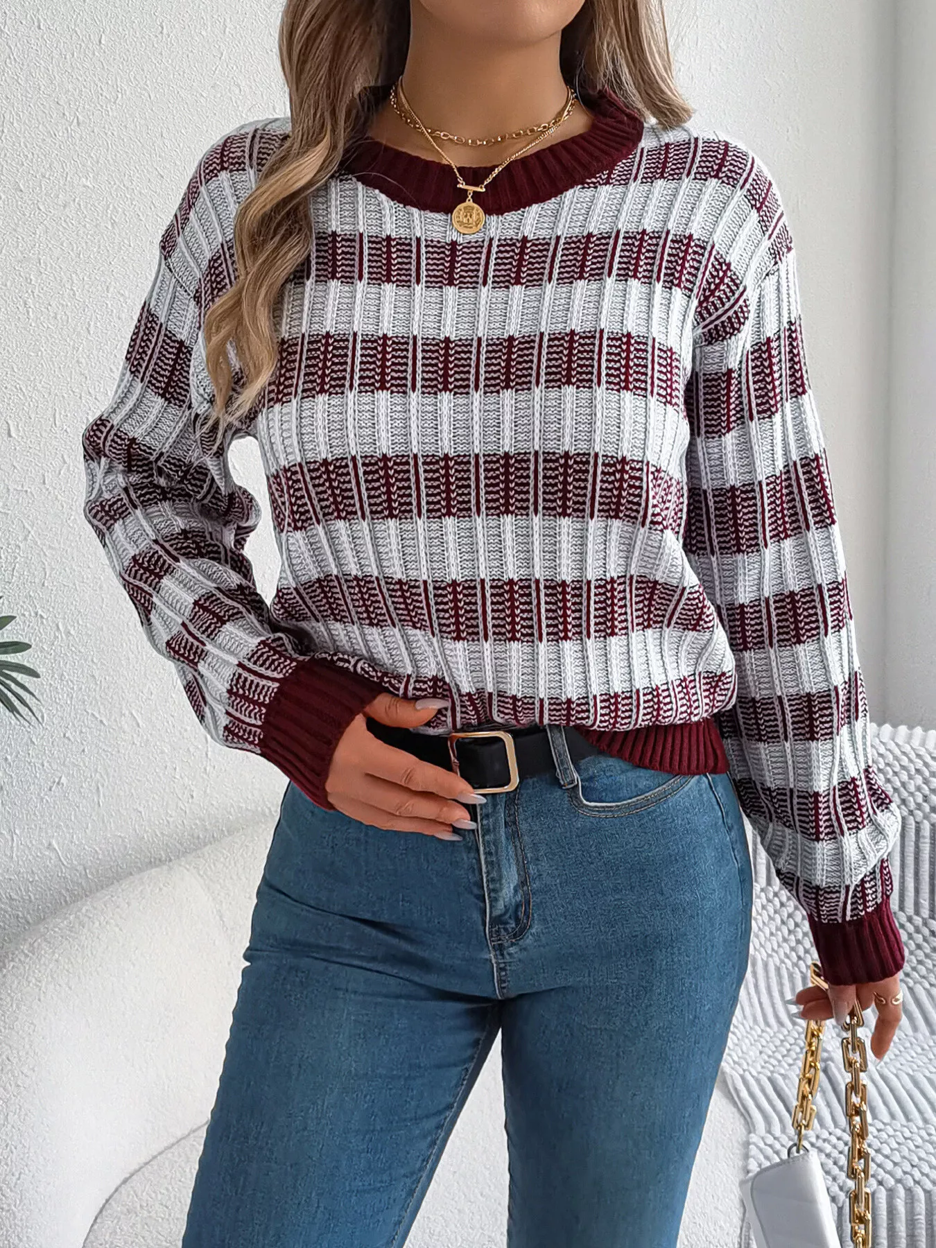 Striped Round Neck Long Sleeve Sweater - Image 17