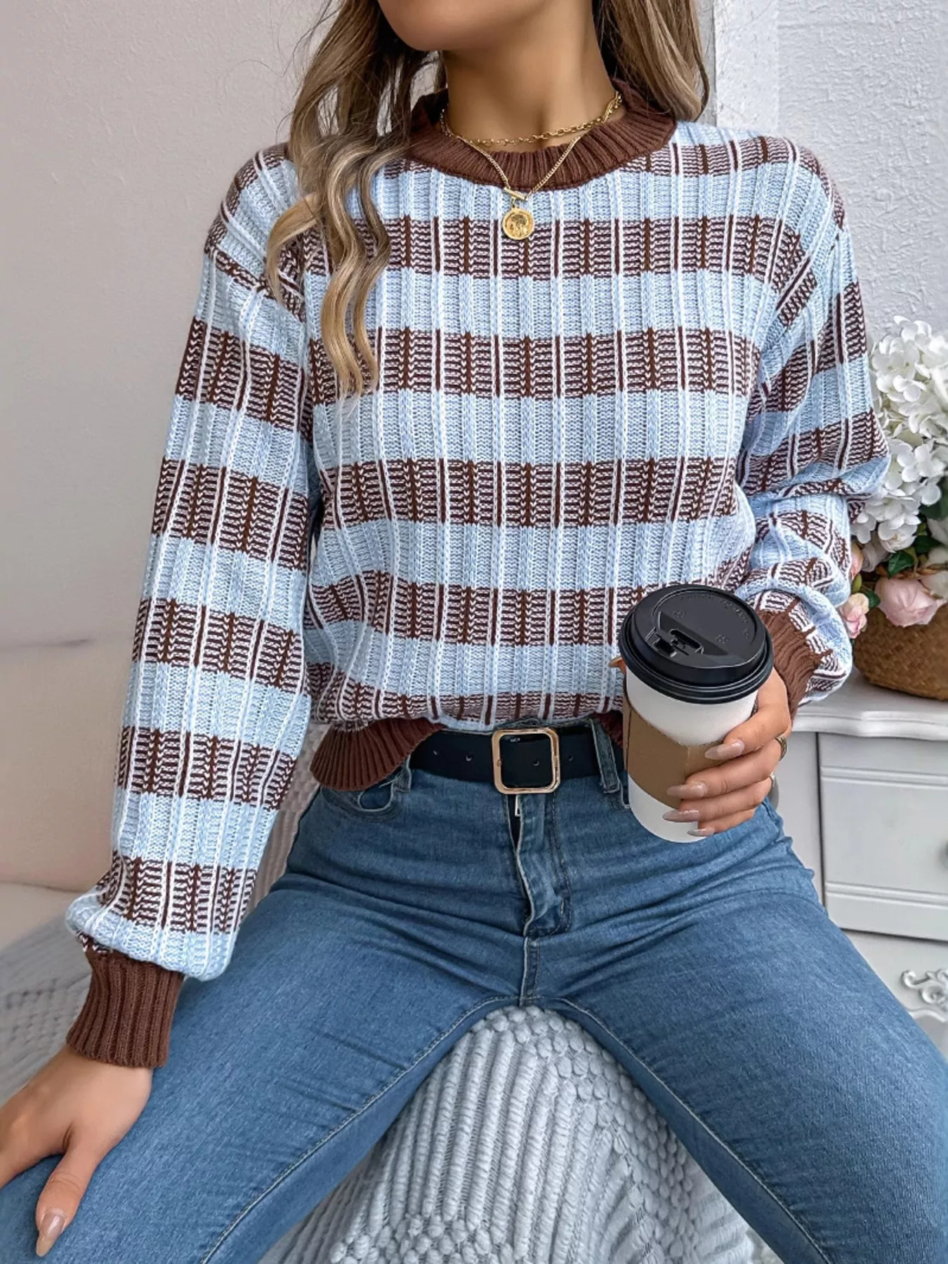 Striped Round Neck Long Sleeve Sweater - Image 2