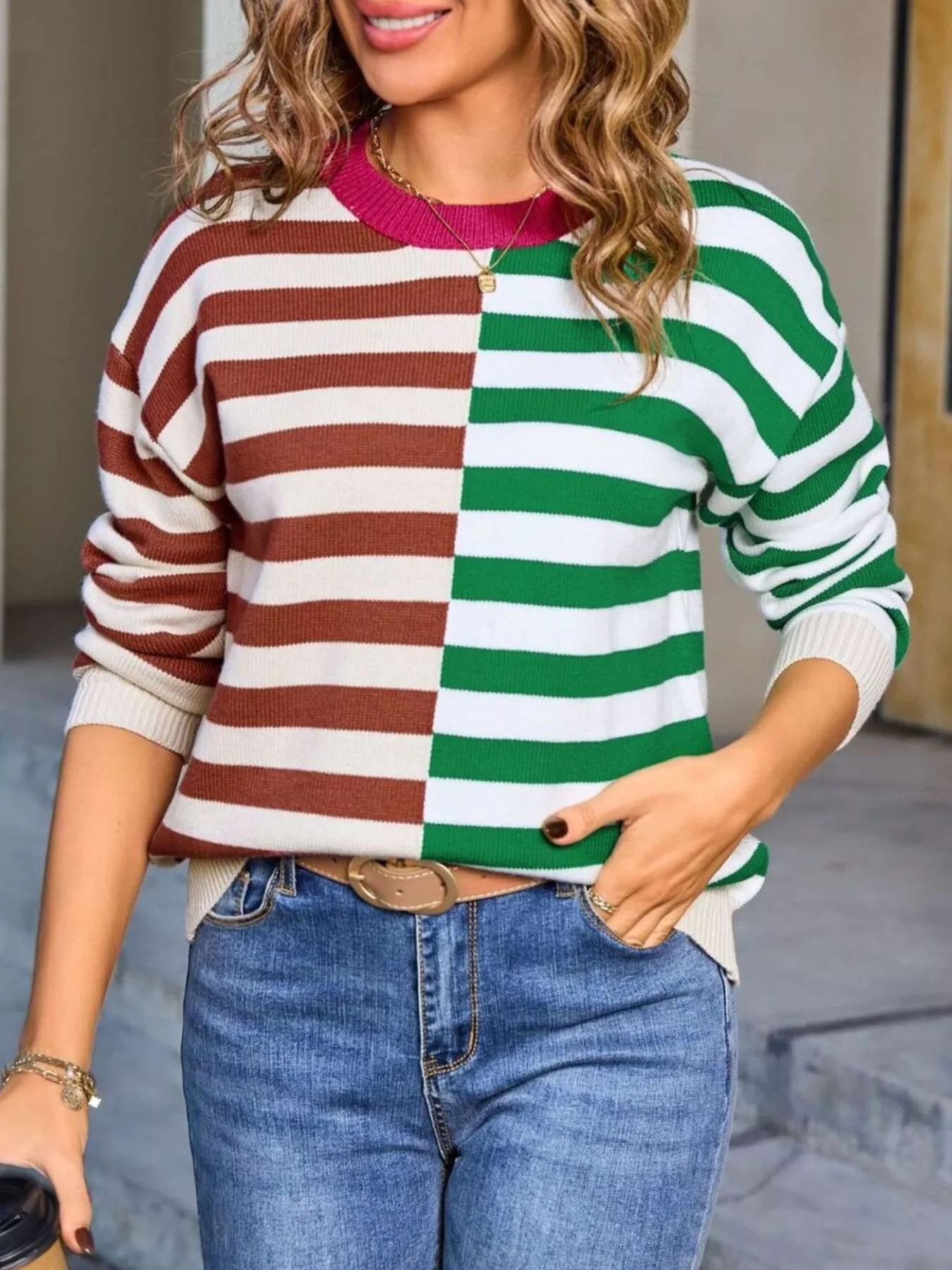 Striped Round Neck Long Sleeve Sweater - Image 13