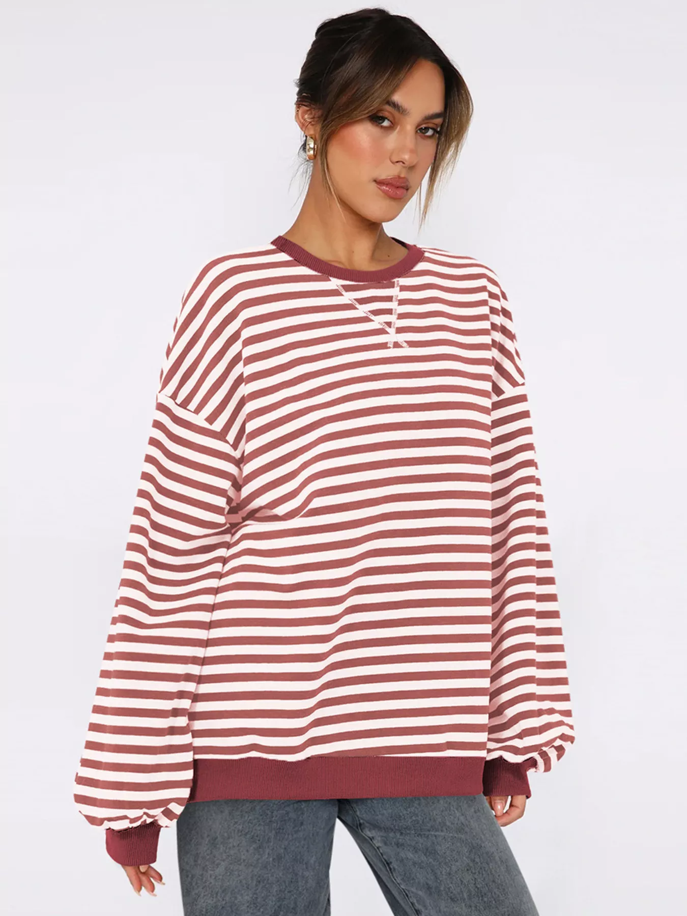 Striped Round Neck Long Sleeve Sweatshirt - Image 4