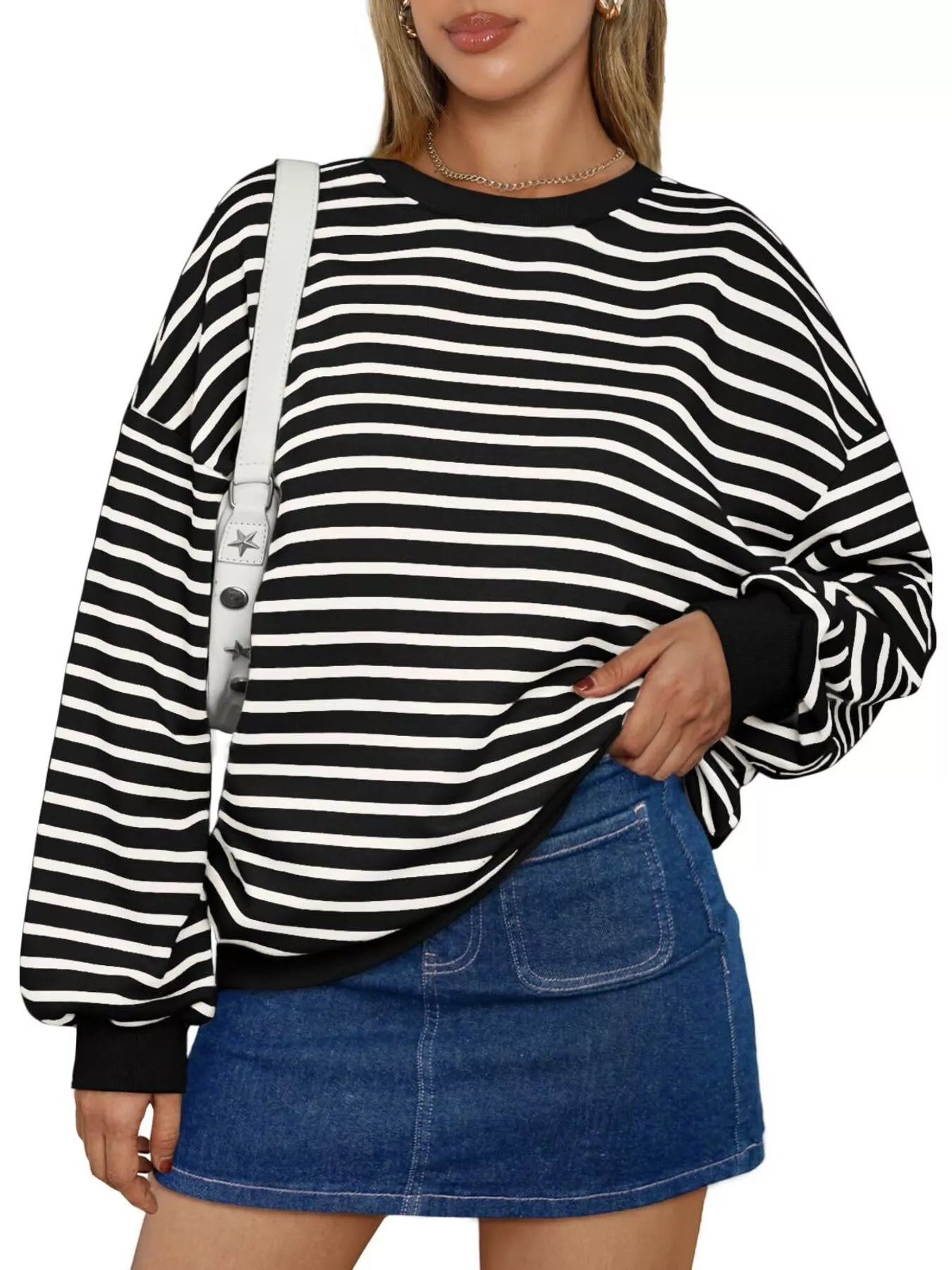 Striped Round Neck Oversized Casual Sweatshirt - Image 10
