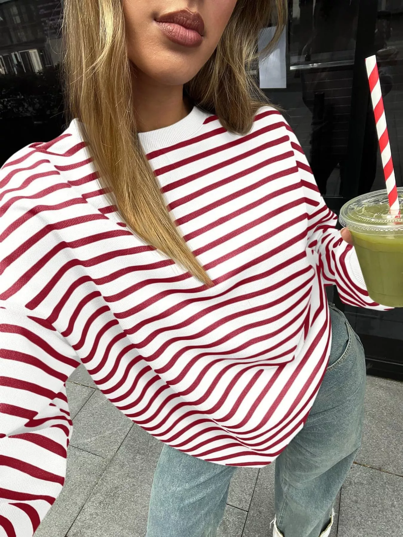 Striped Round Neck Oversized Casual Sweatshirt - Image 14