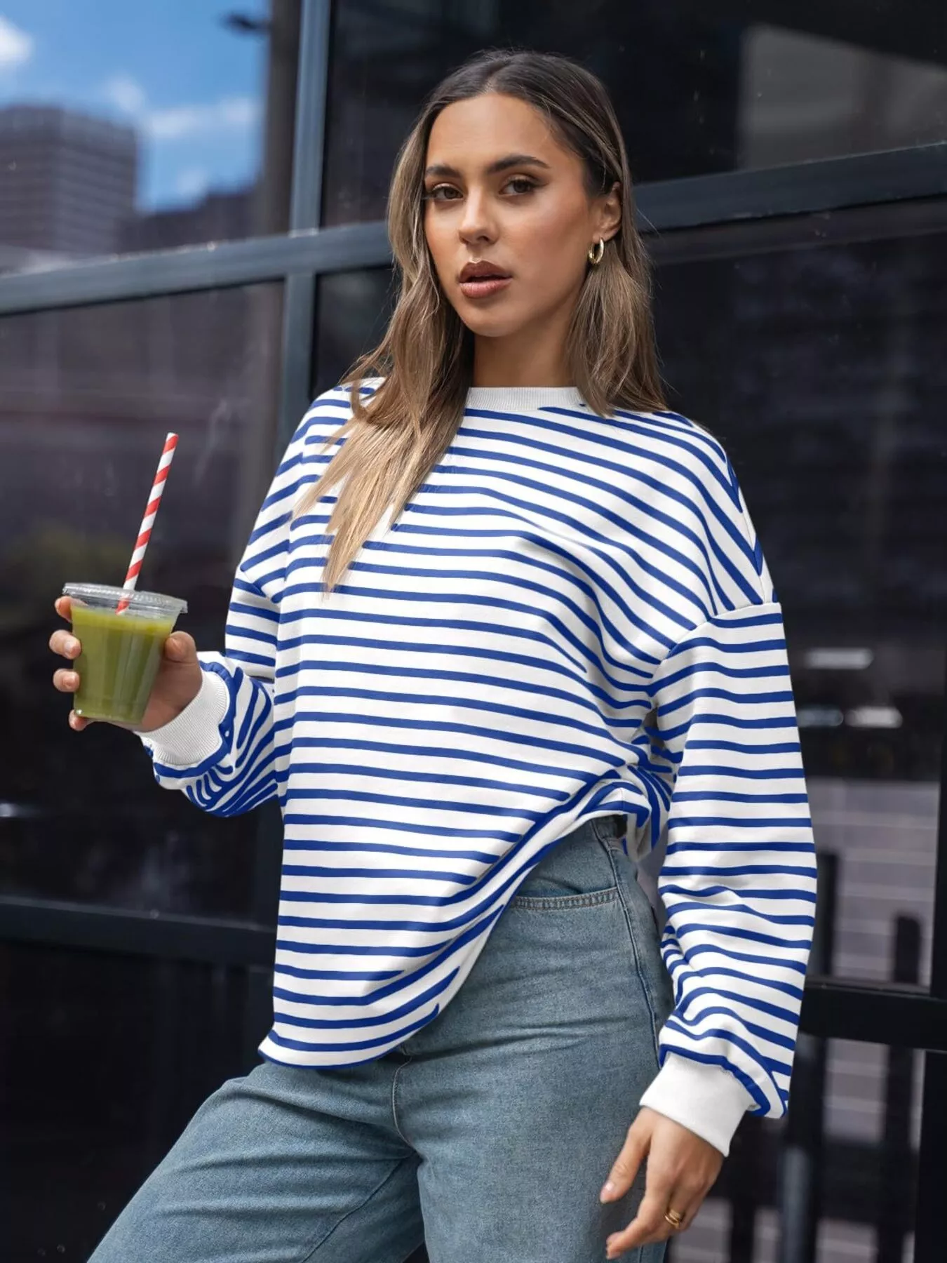 Striped Round Neck Oversized Casual Sweatshirt - Image 16