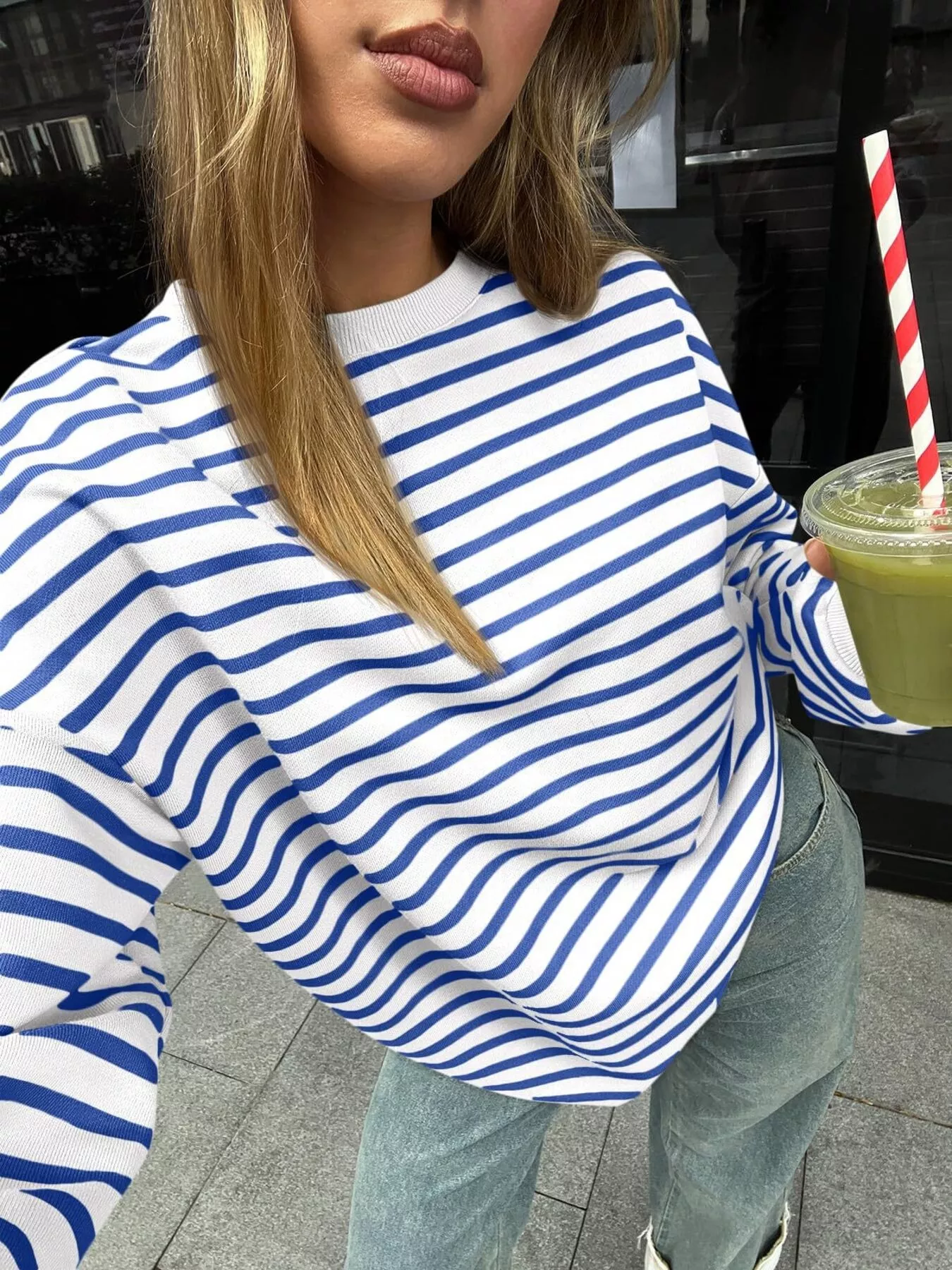 Striped Round Neck Oversized Casual Sweatshirt - Image 19