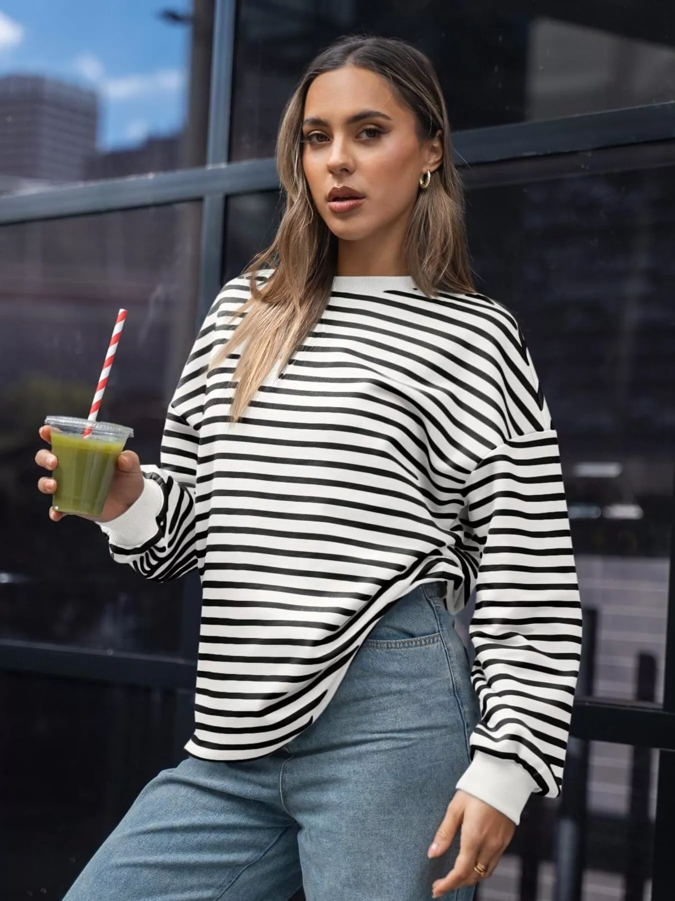 Striped Round Neck Oversized Casual Sweatshirt - Image 2