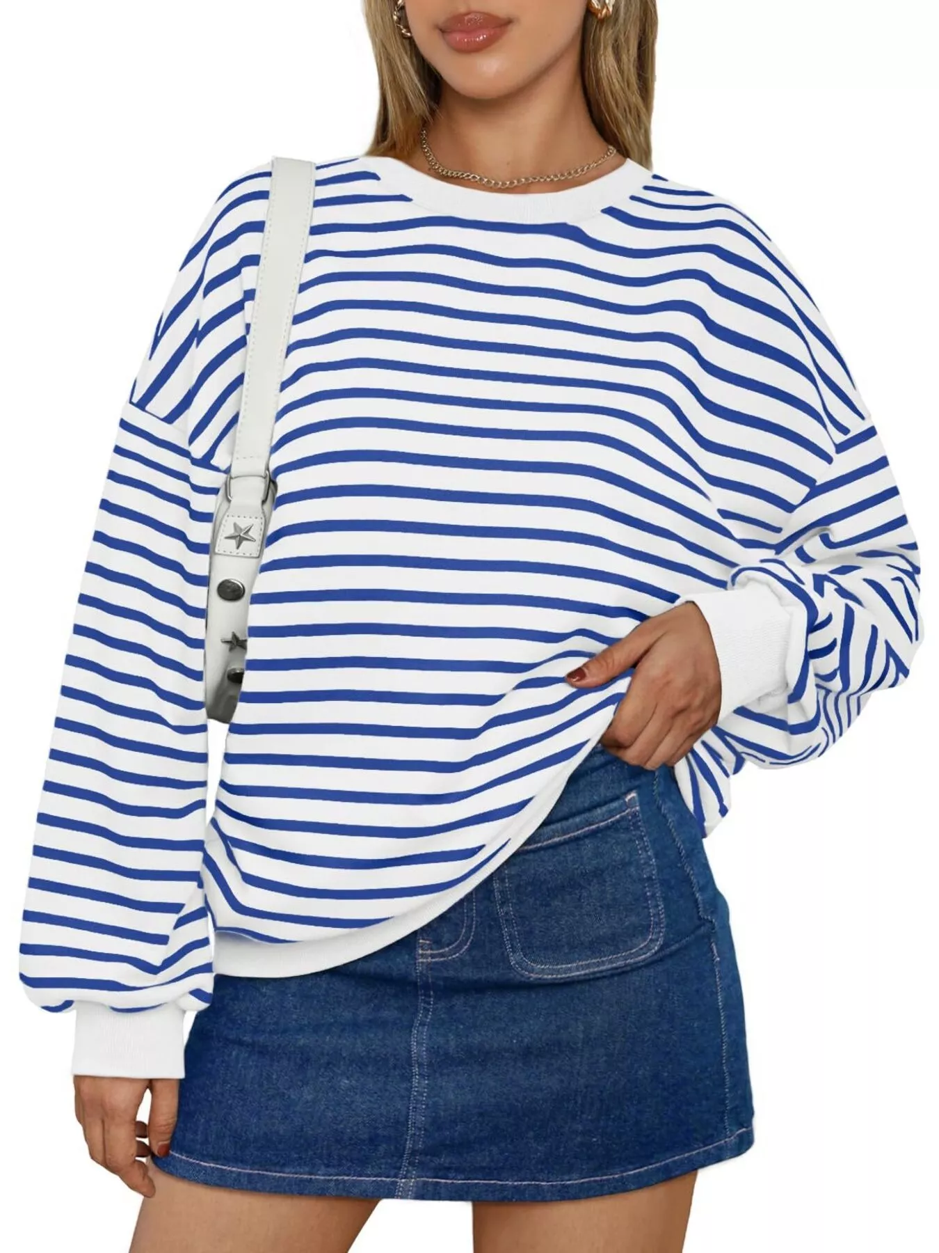 Striped Round Neck Oversized Casual Sweatshirt - Image 20
