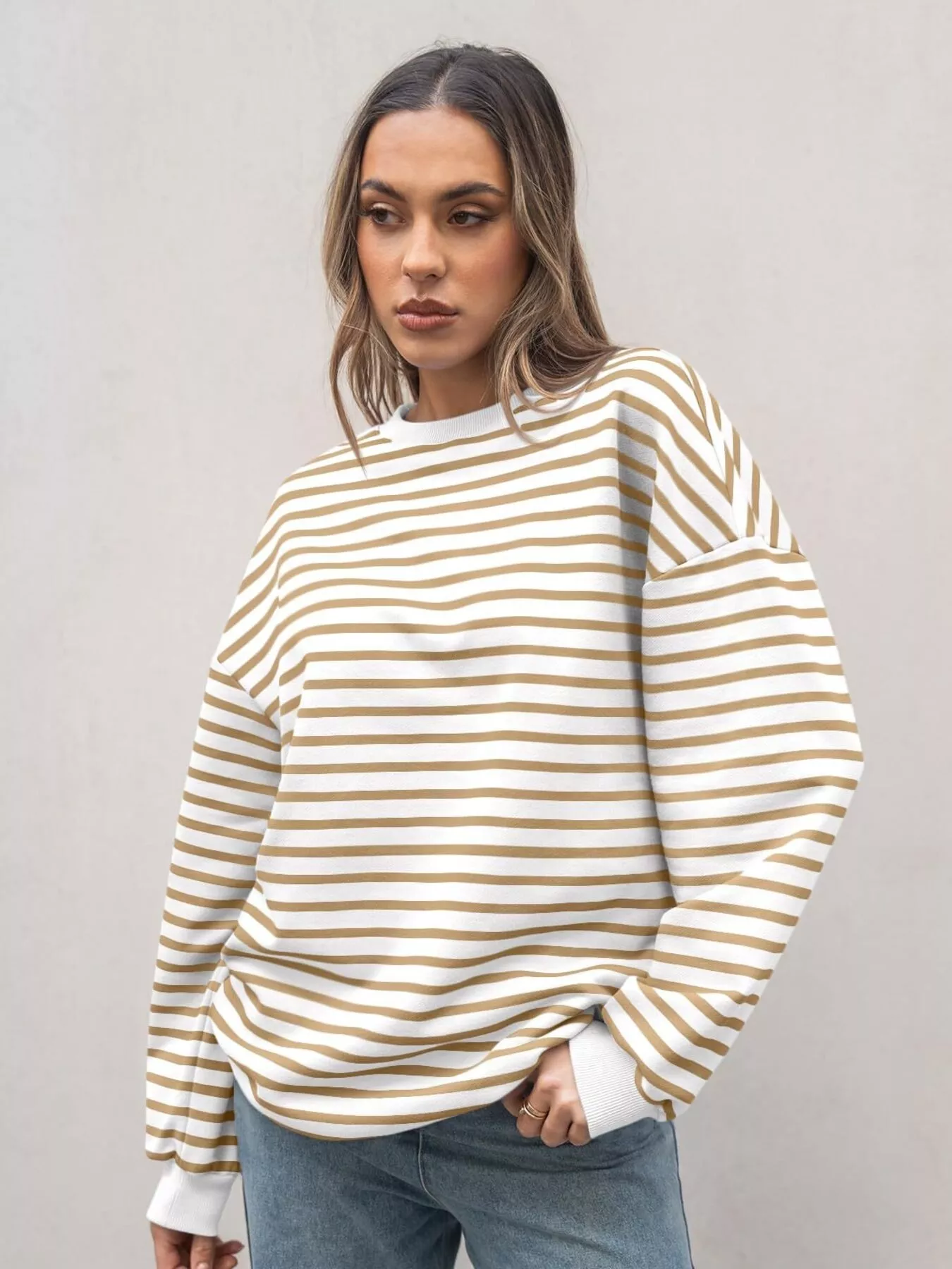 Striped Round Neck Oversized Casual Sweatshirt - Image 21