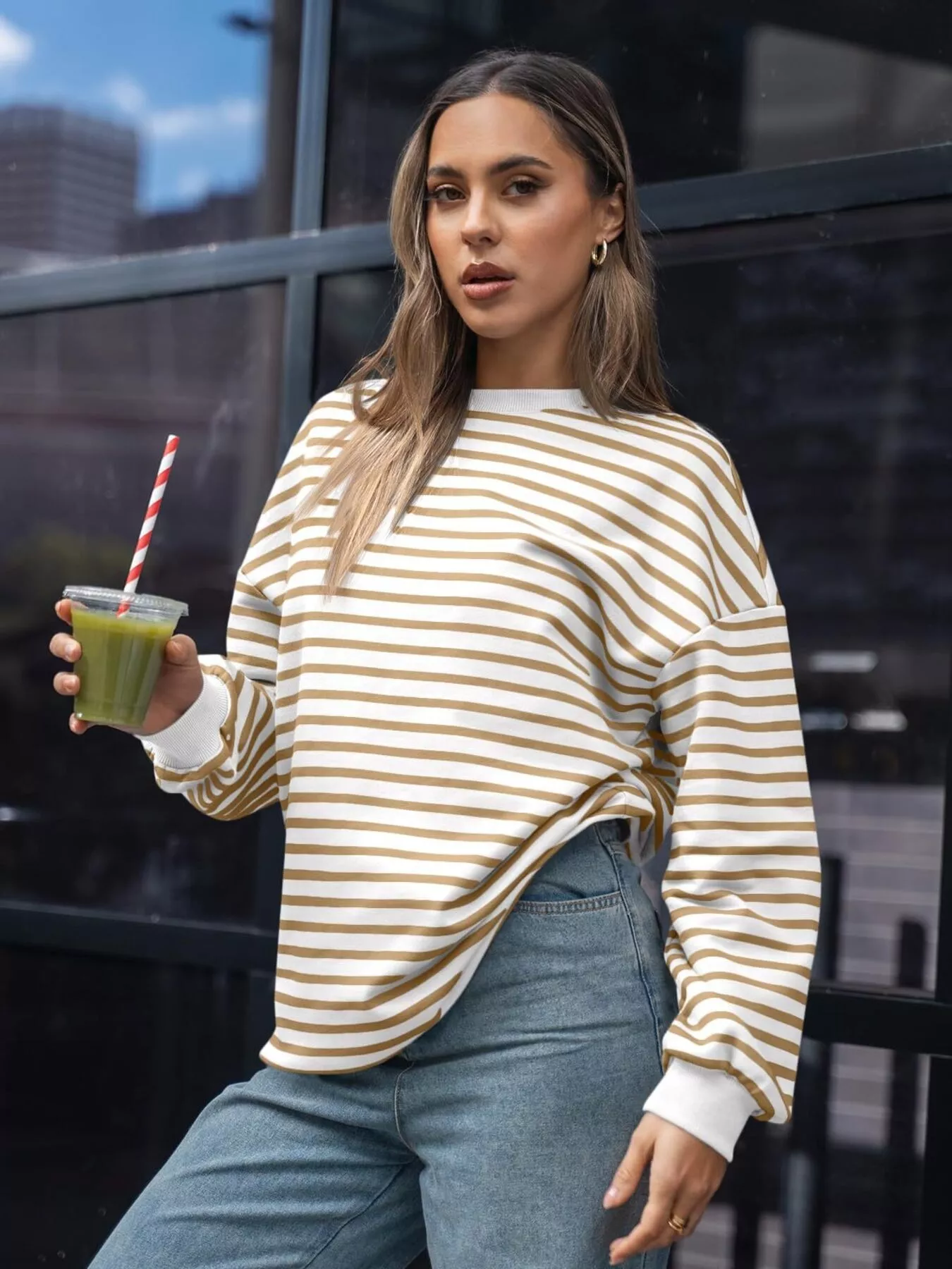 Striped Round Neck Oversized Casual Sweatshirt - Image 22