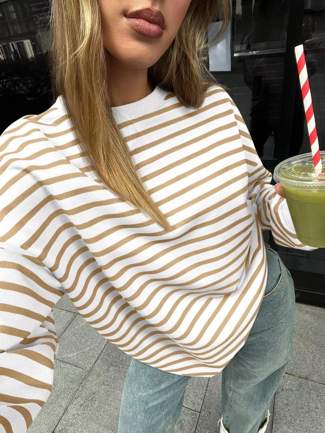 Striped Round Neck Oversized Casual Sweatshirt - Image 24
