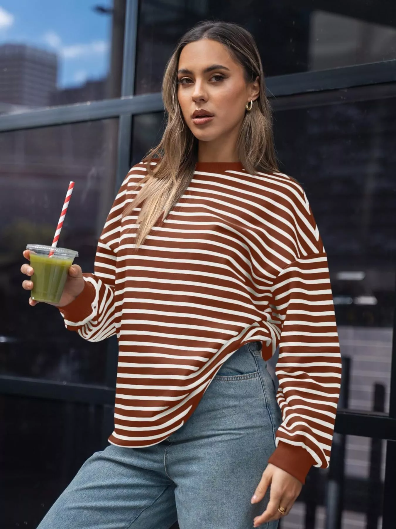 Striped Round Neck Oversized Casual Sweatshirt - Image 26