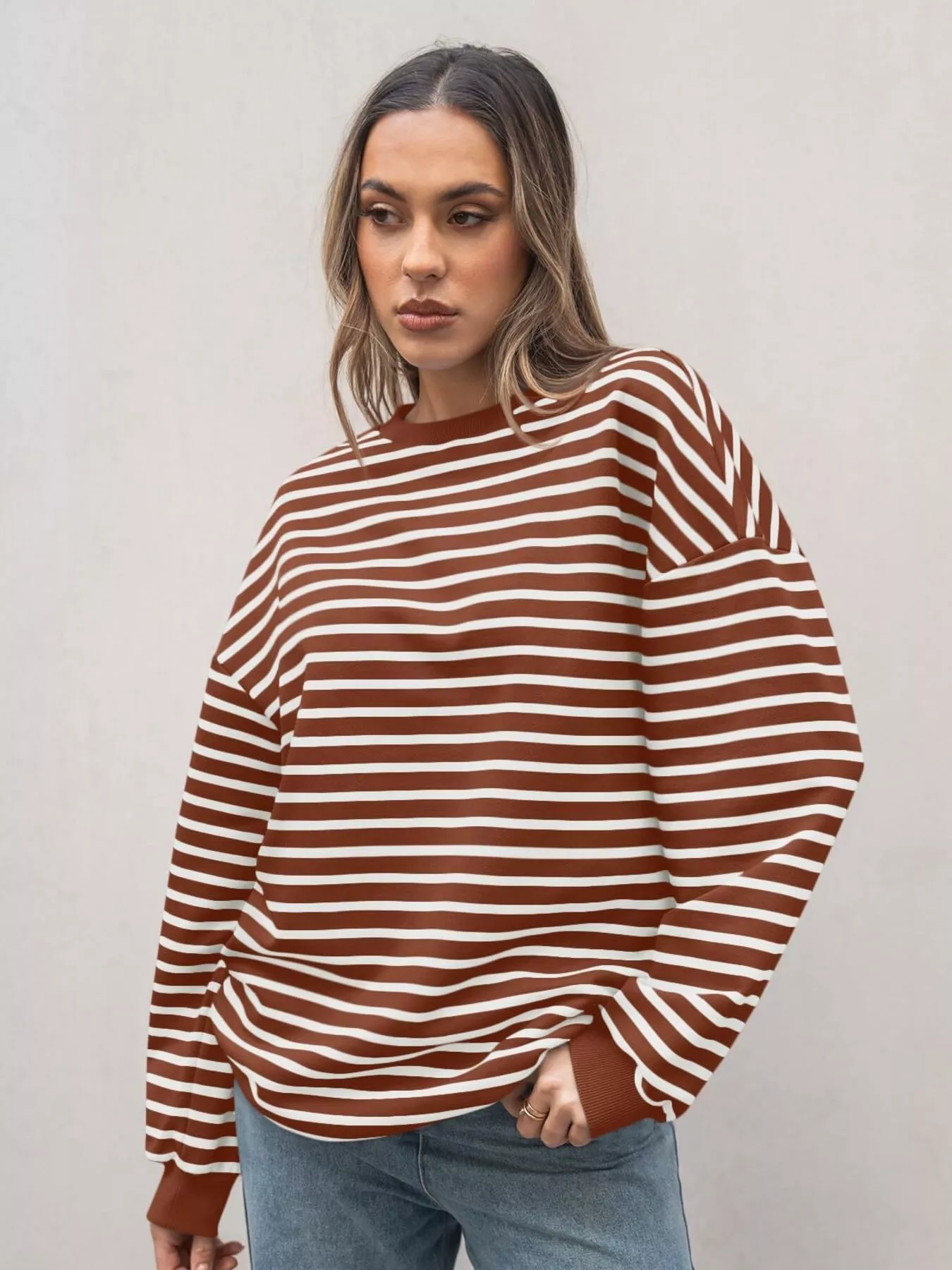 Striped Round Neck Oversized Casual Sweatshirt - Image 27
