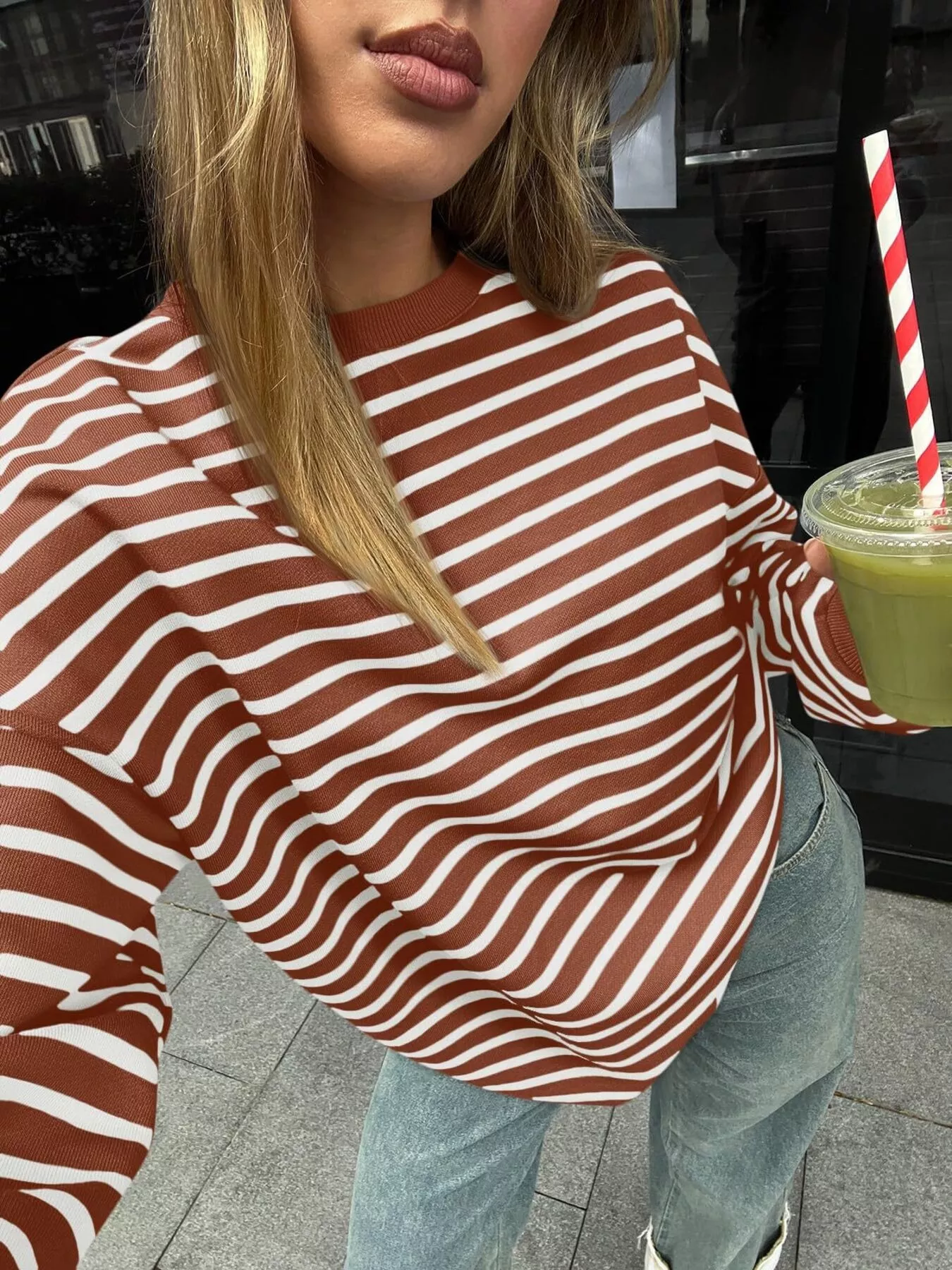Striped Round Neck Oversized Casual Sweatshirt - Image 29