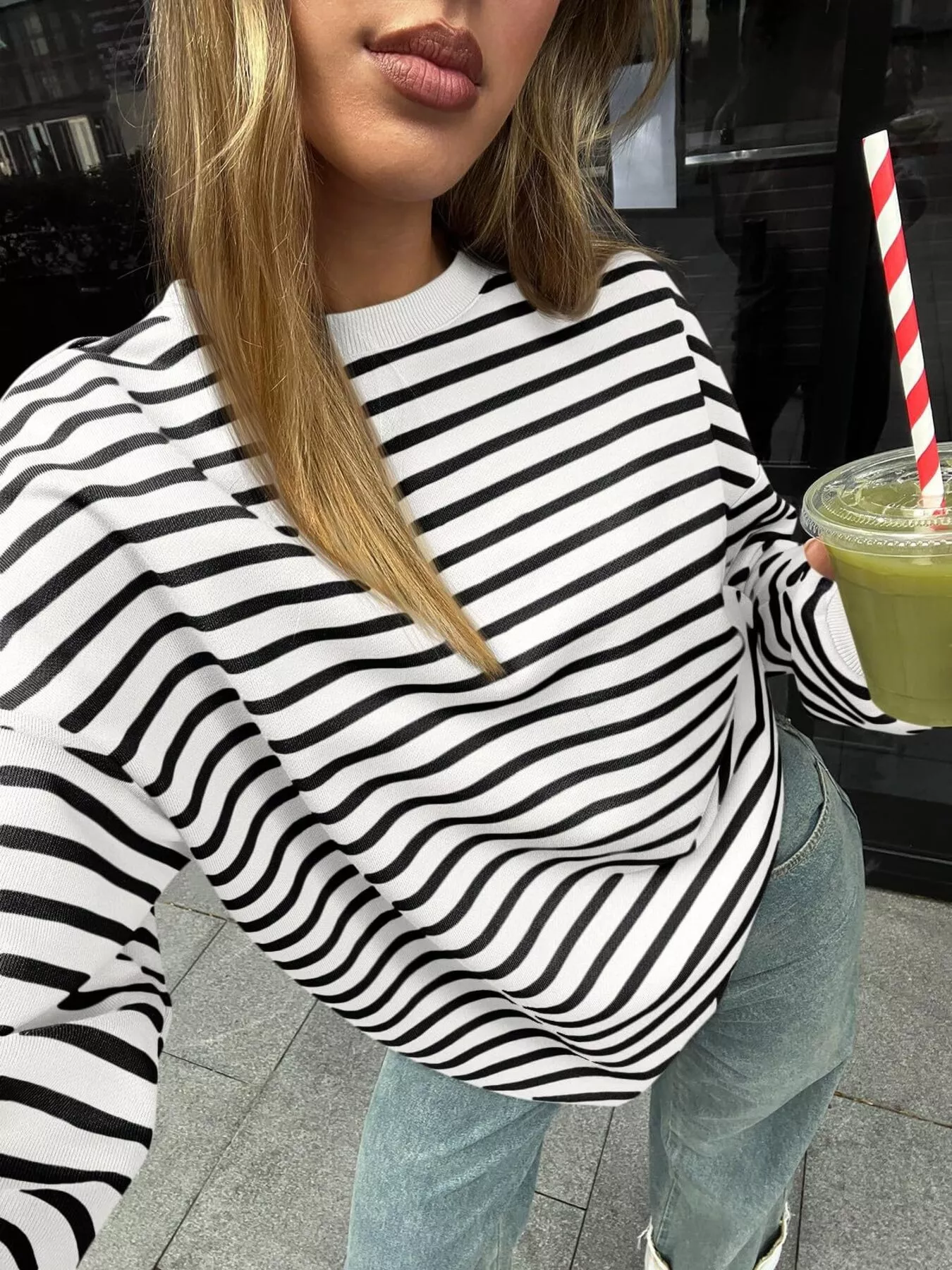Striped Round Neck Oversized Casual Sweatshirt - Image 3