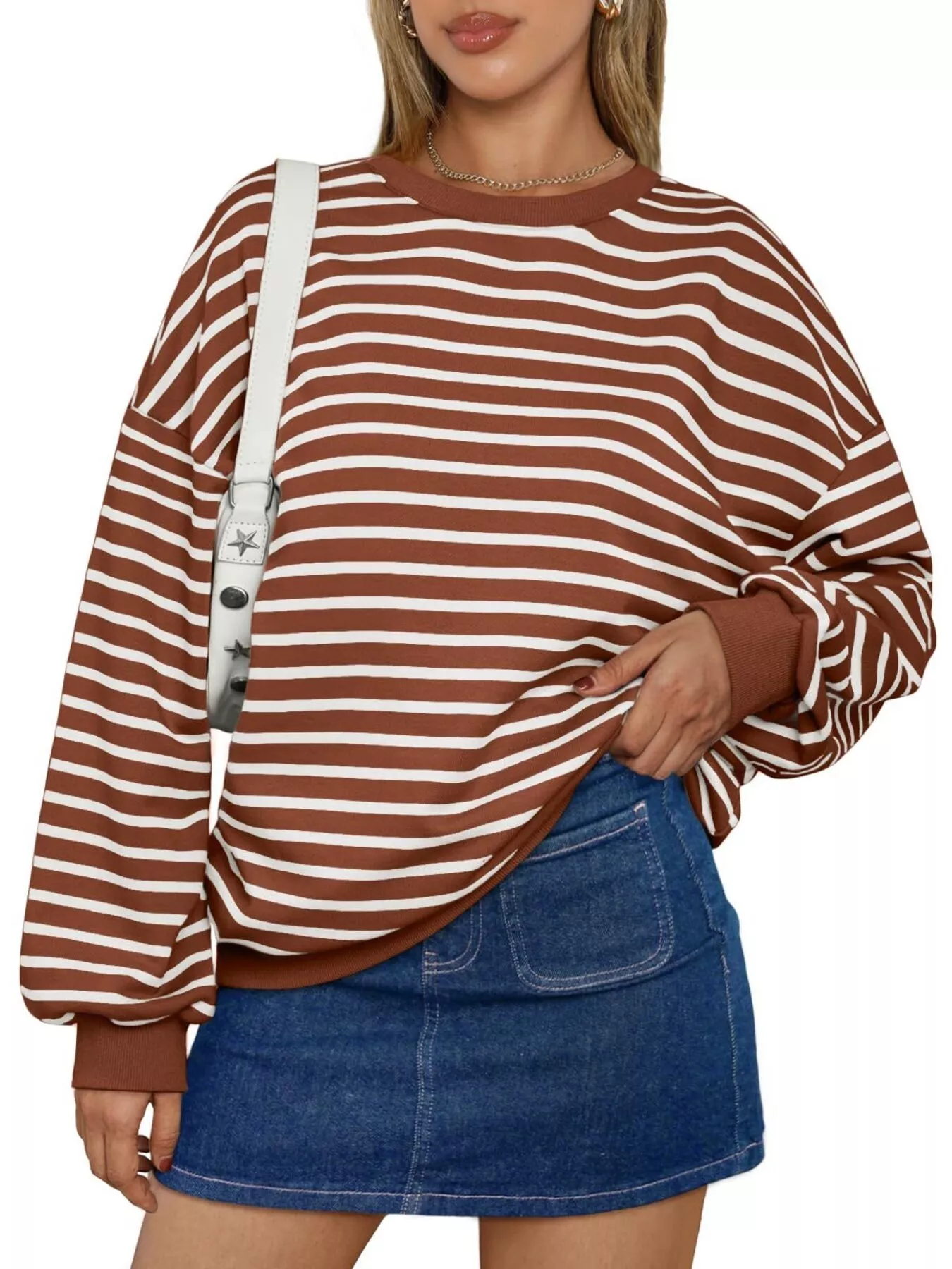 Striped Round Neck Oversized Casual Sweatshirt - Image 30