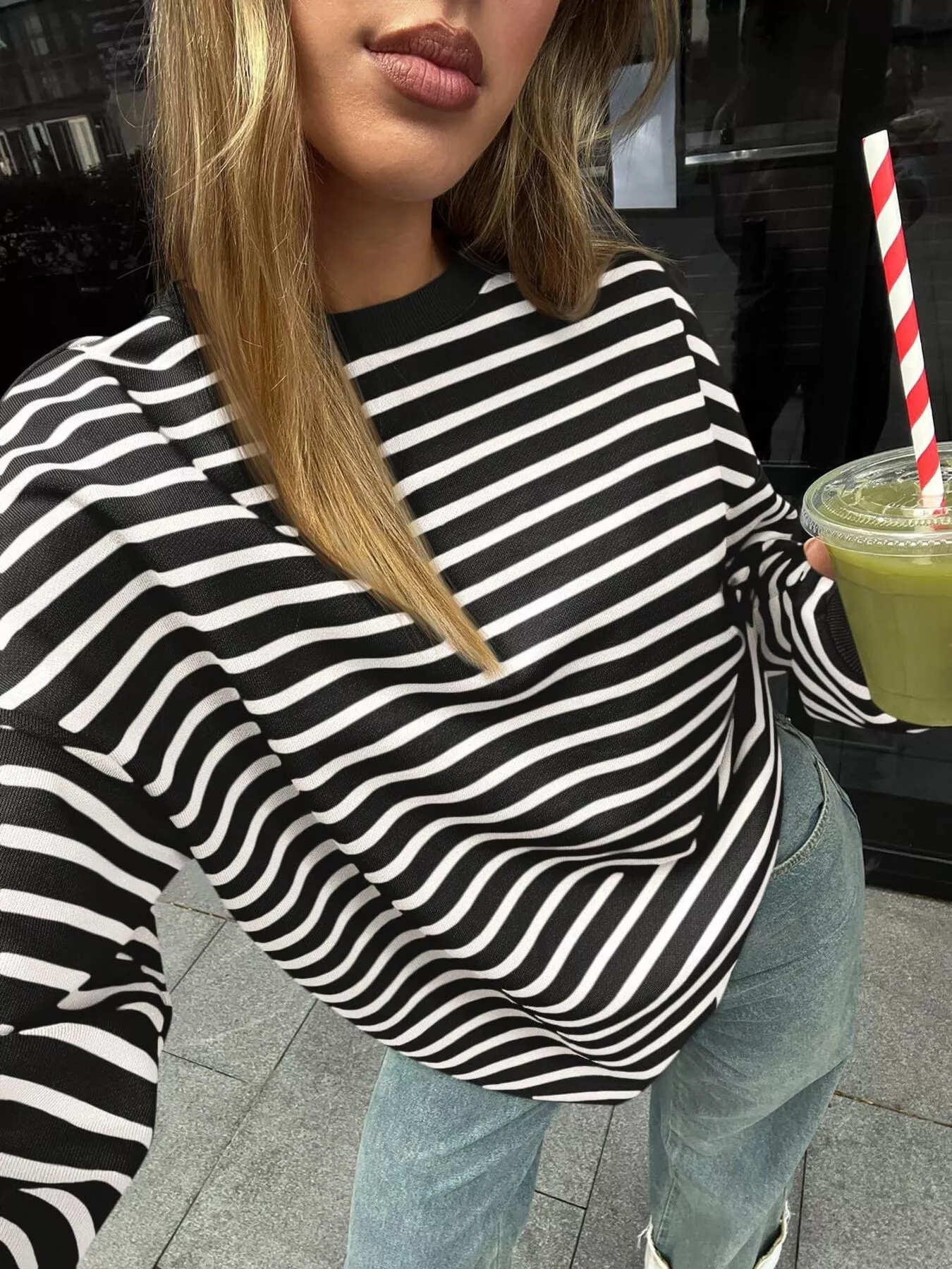 Striped Round Neck Oversized Casual Sweatshirt - Image 9