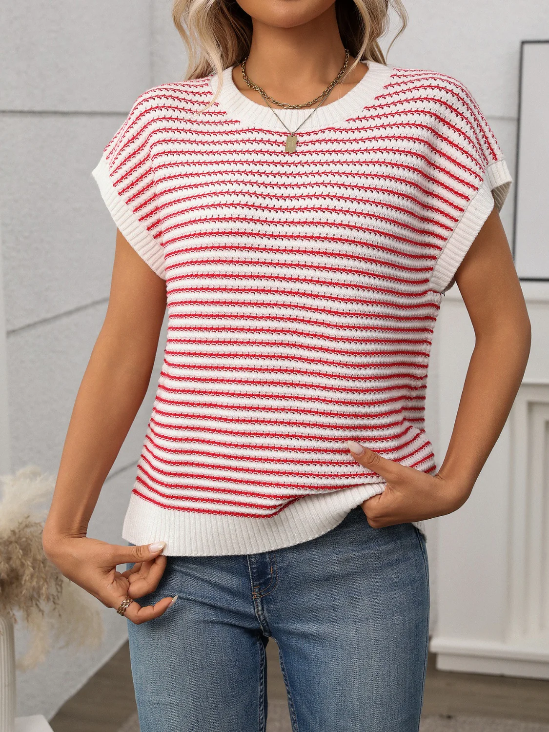 Striped Round Neck Short Sleeve Knit Top - Image 15