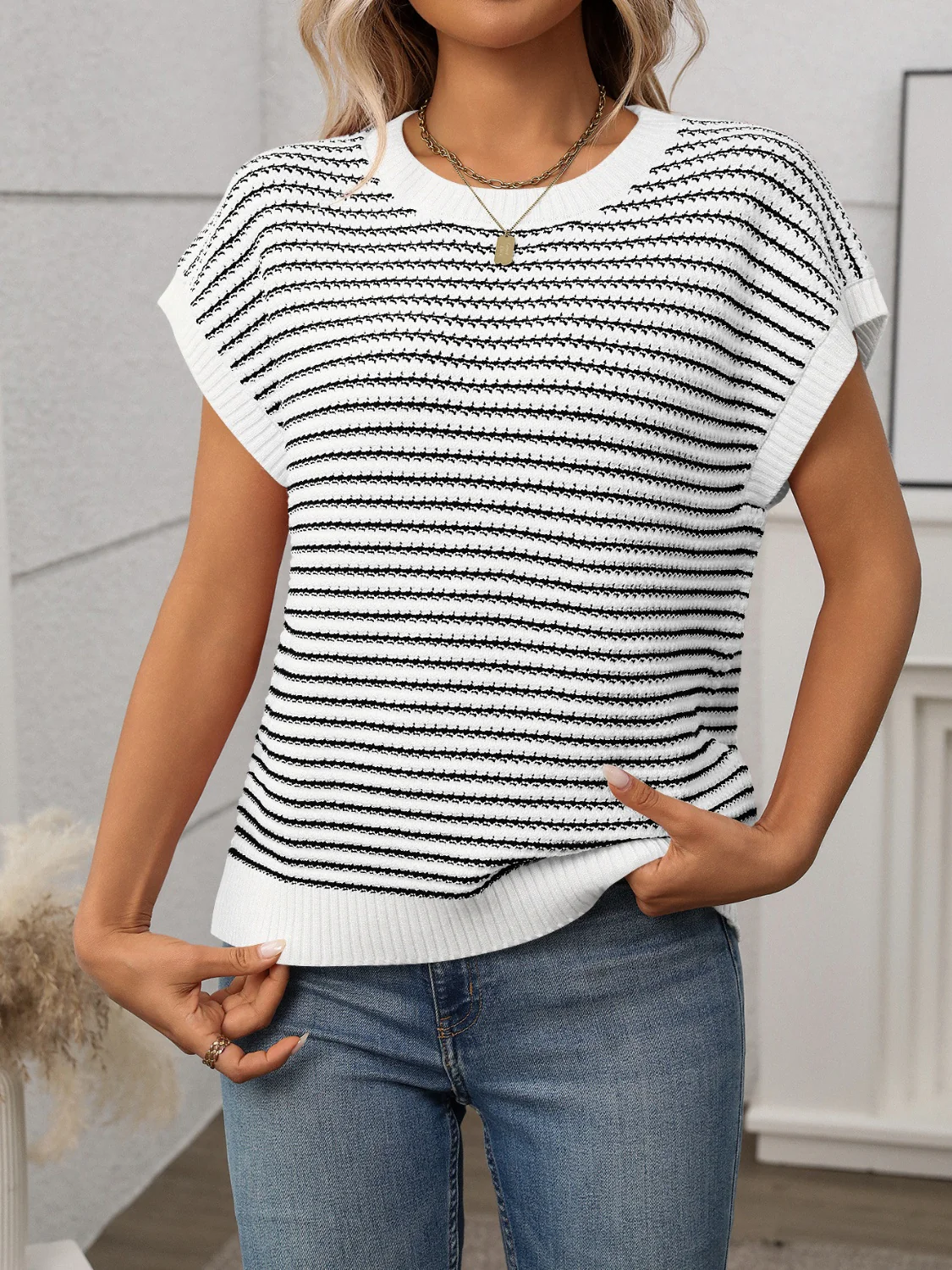 Striped Round Neck Short Sleeve Knit Top - Image 2