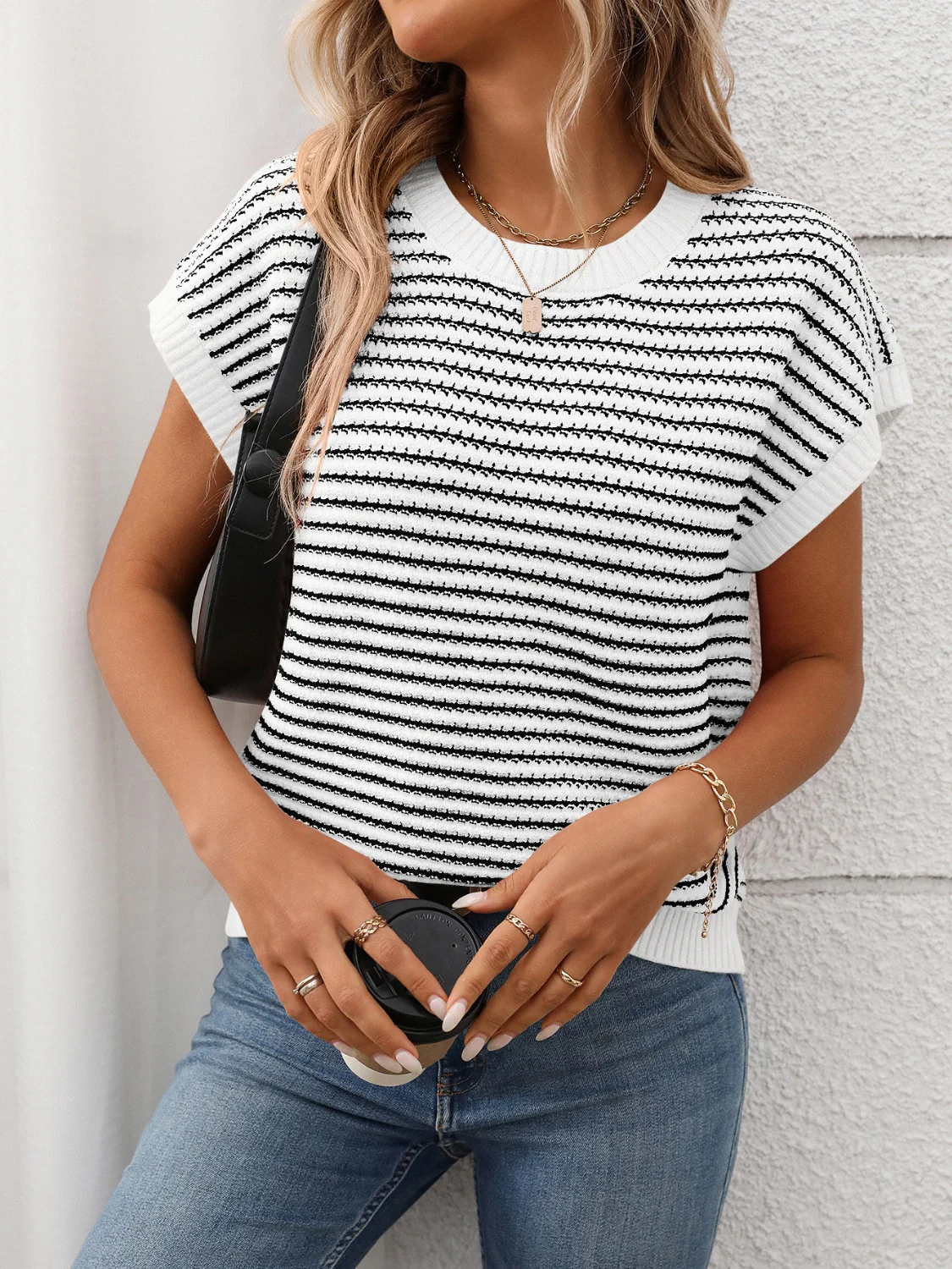 Striped Round Neck Short Sleeve Knit Top - Image 3