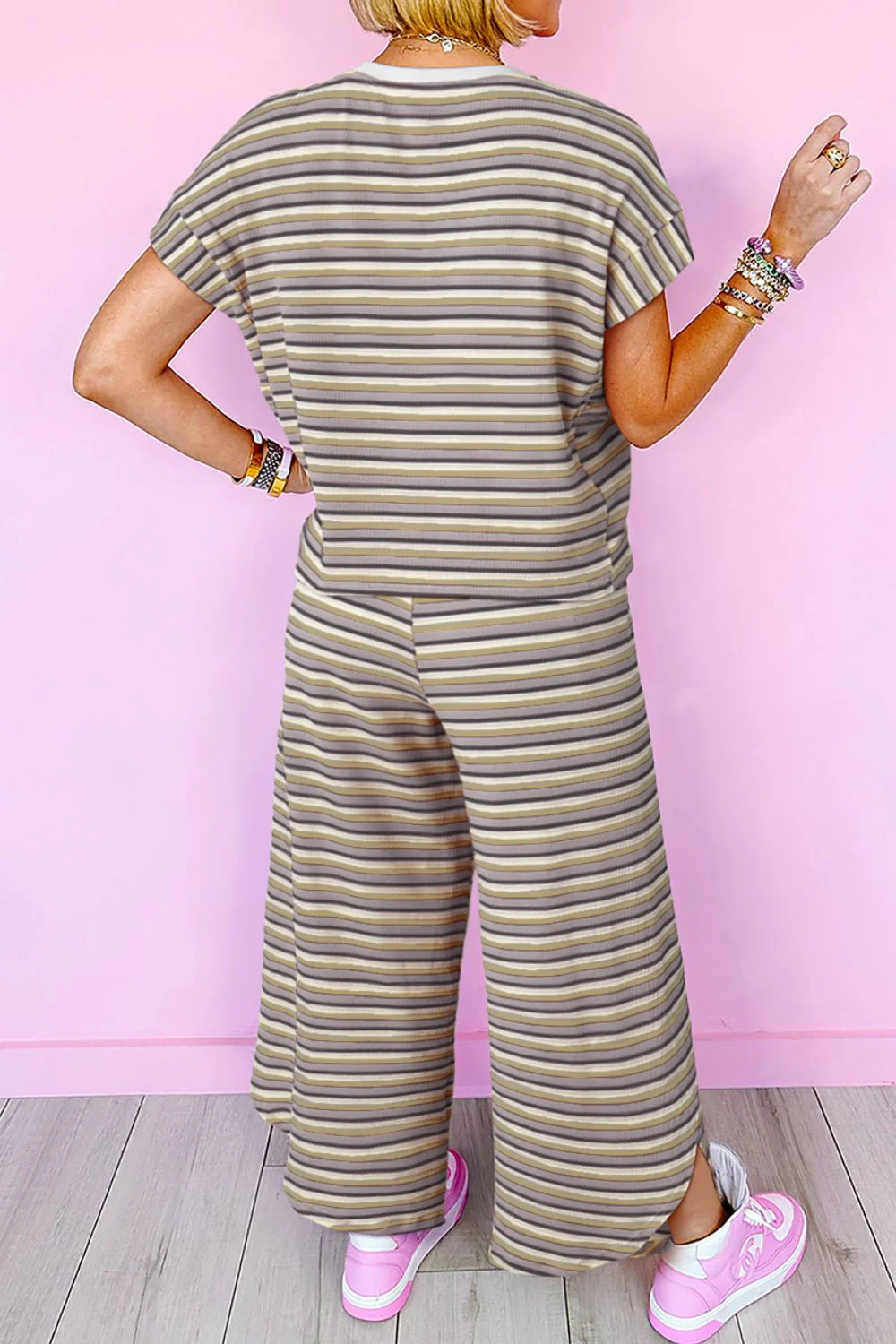 Striped Round Neck Short Sleeve Top and Pants Set - Image 13
