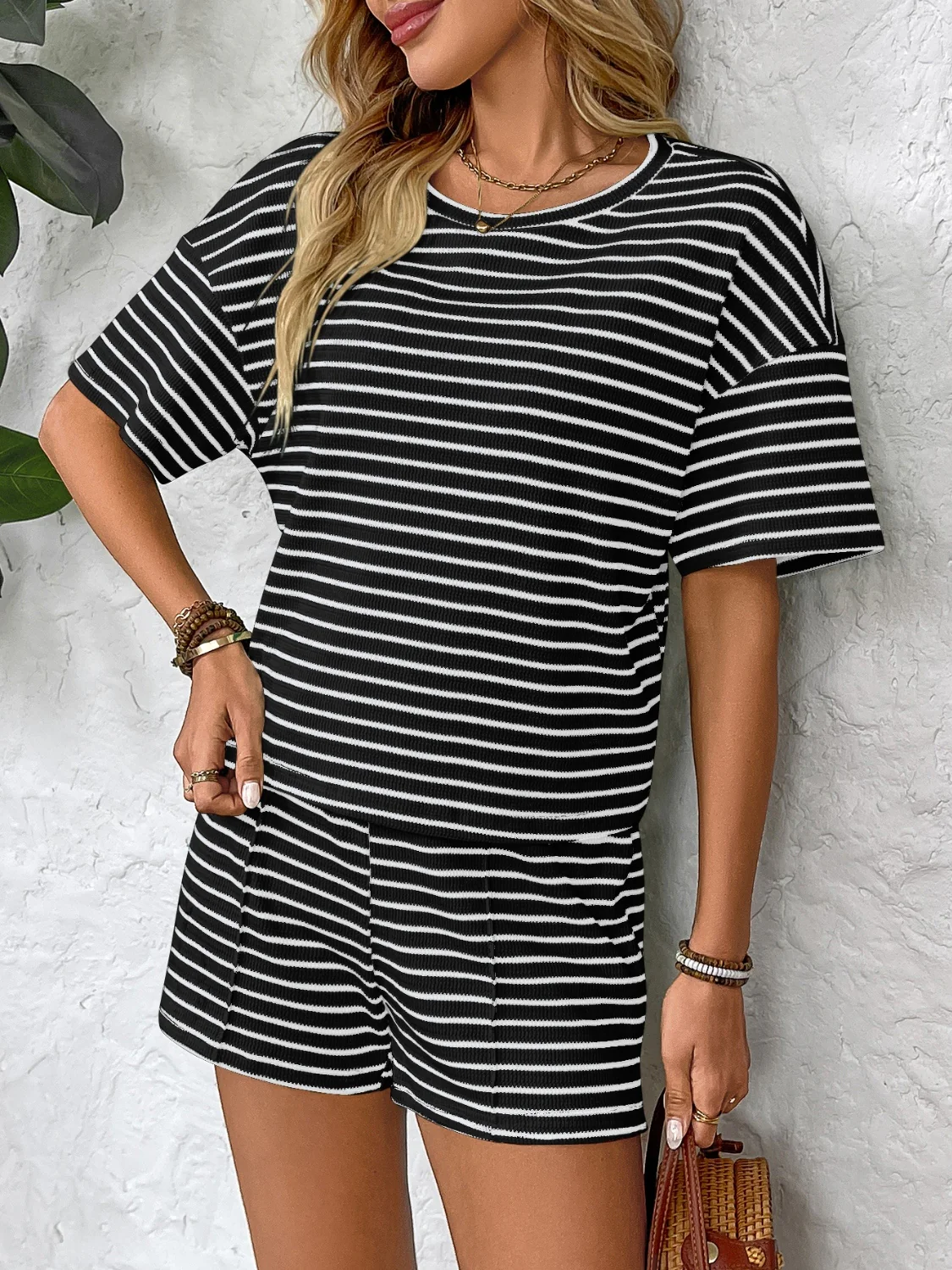 Striped Round Neck Short Sleeve Top and Shorts Set - Image 12