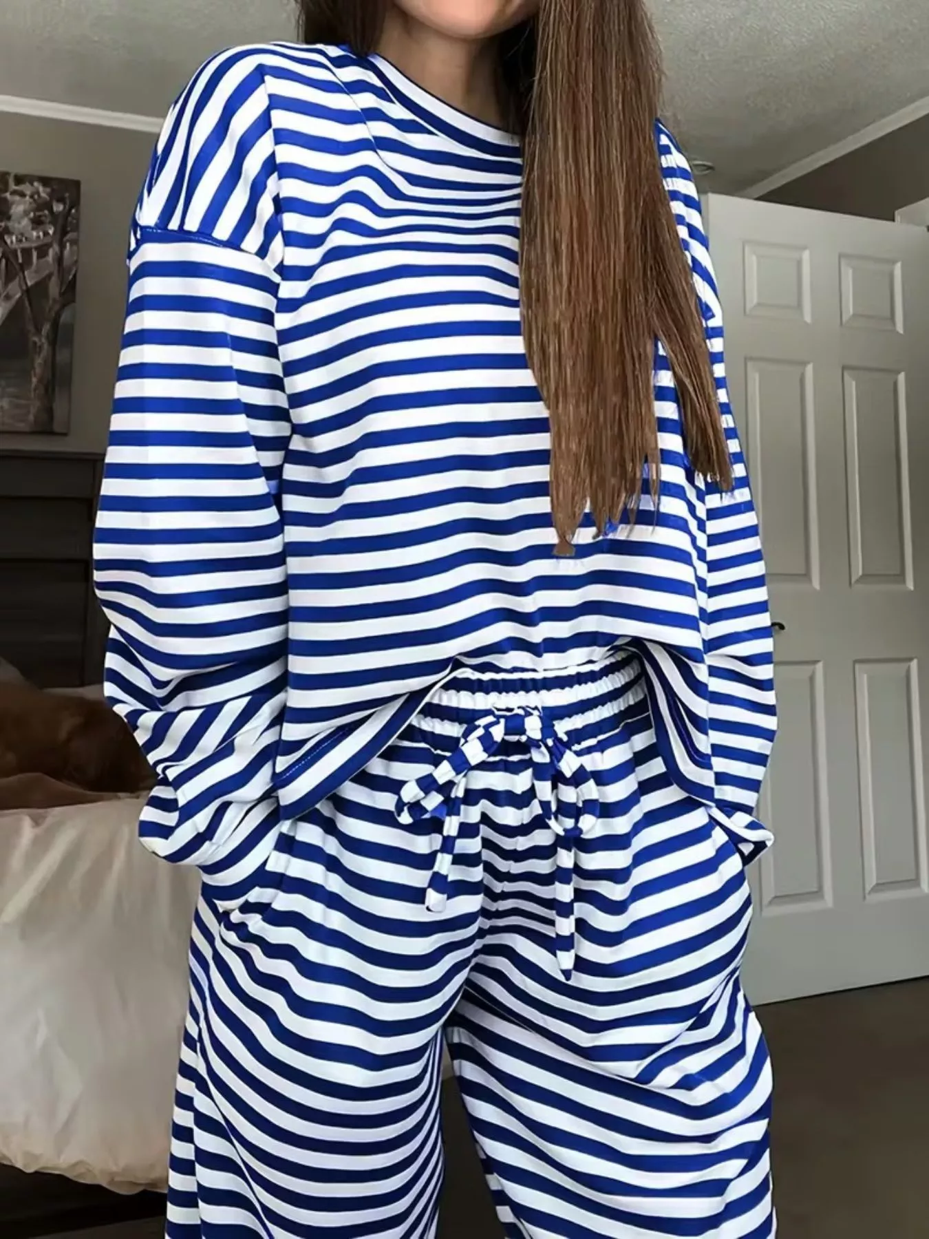 Striped Round Neck Top and Pants Set - Image 4