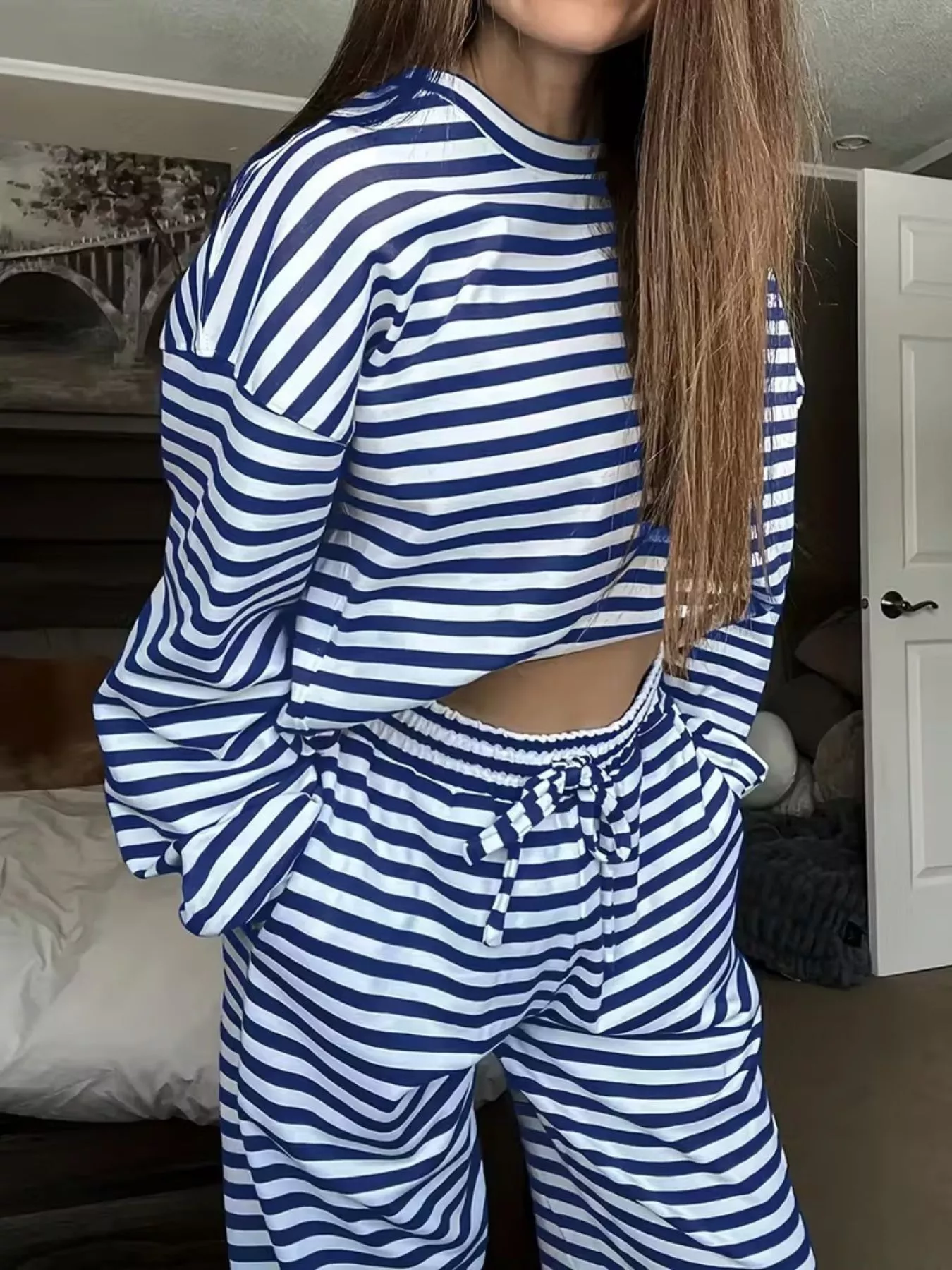 Striped Round Neck Top and Pants Set - Image 5