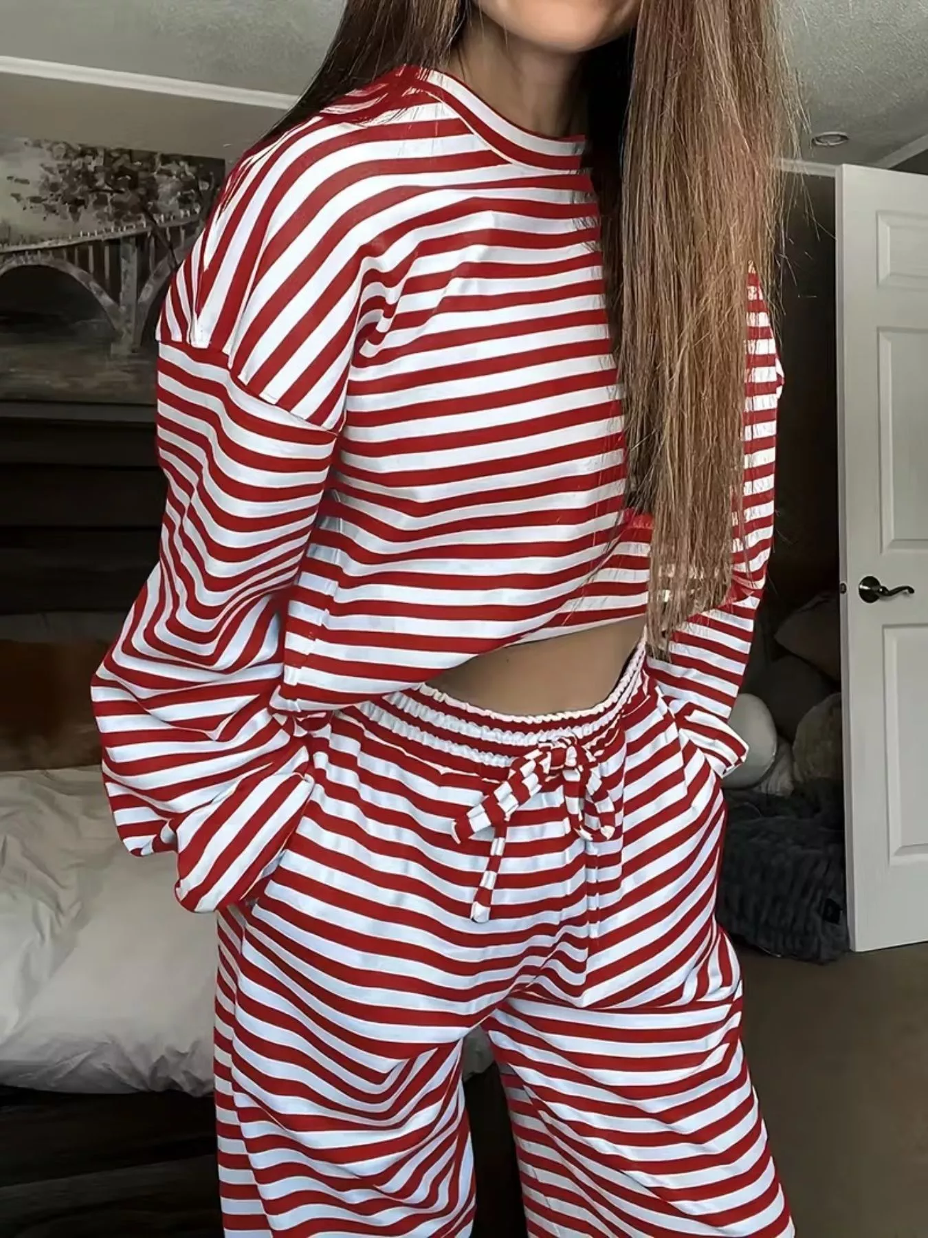 Striped Round Neck Top and Pants Set - Image 9