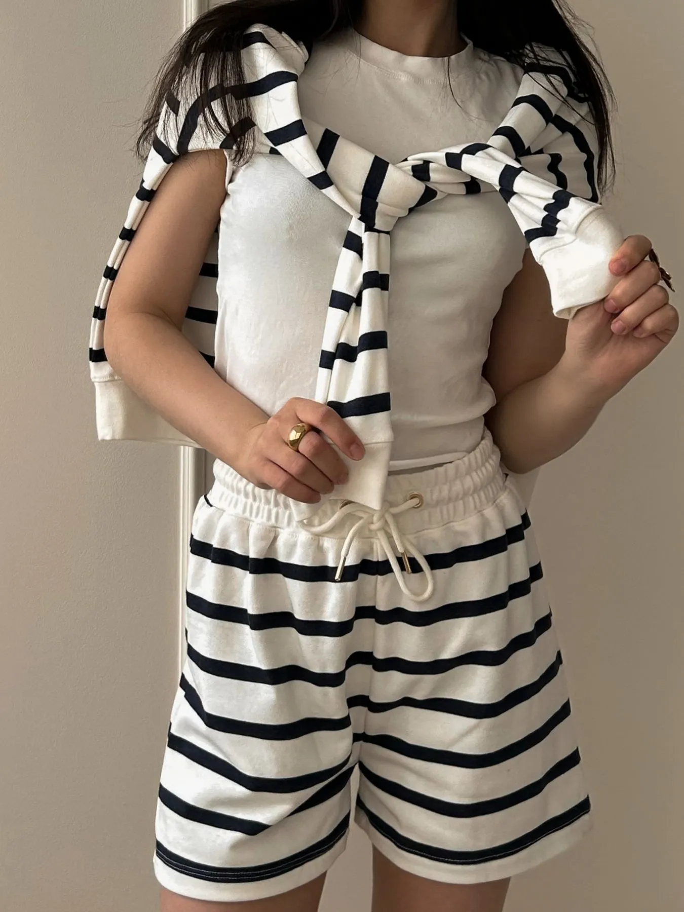 Striped Round Neck Top and Shorts Set - Image 4