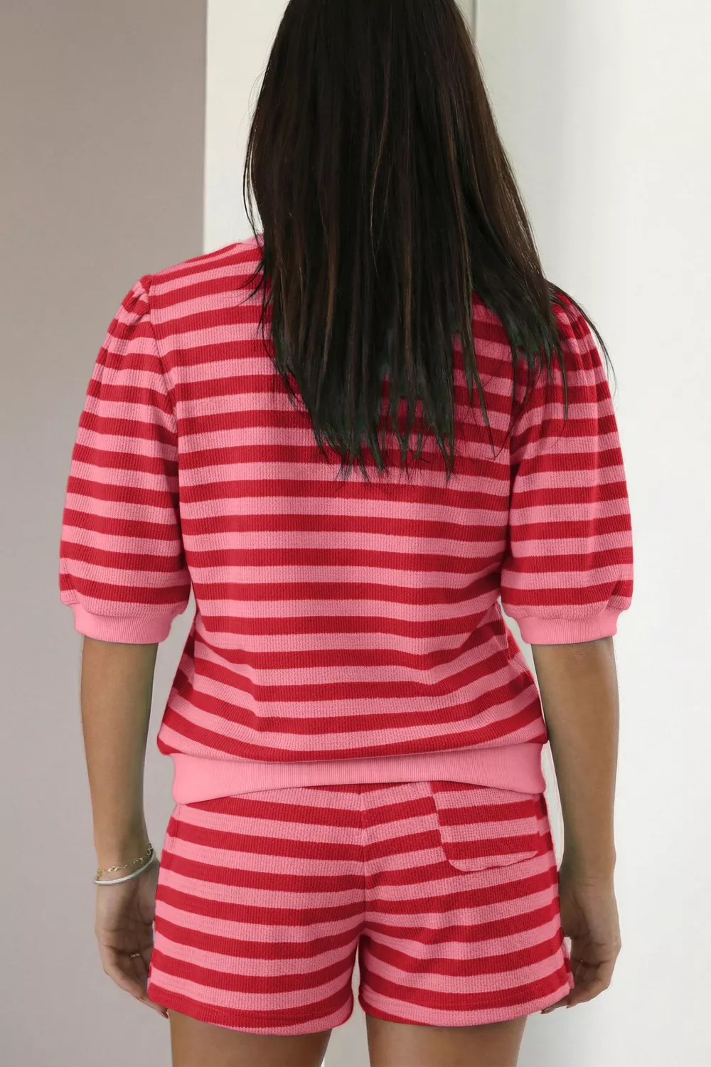 Striped Round Neck Top and Shorts Set - Image 2
