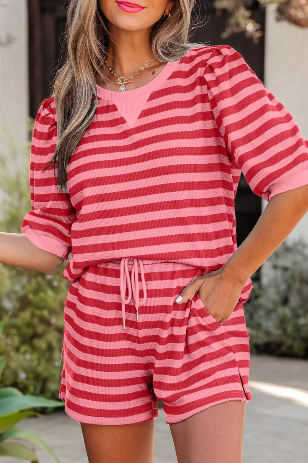 Striped Round Neck Top and Shorts Set - Image 4