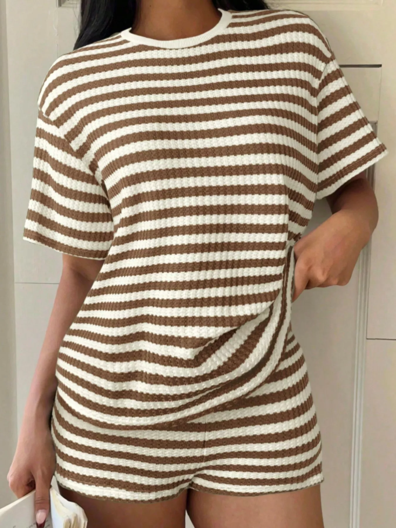 Striped Round Neck Top and Shorts Set - Image 2