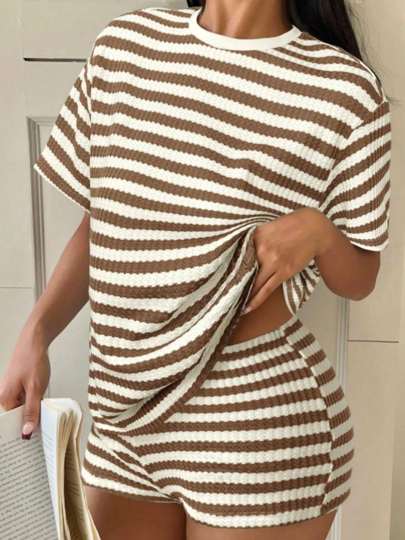Striped Round Neck Top and Shorts Set - Image 3