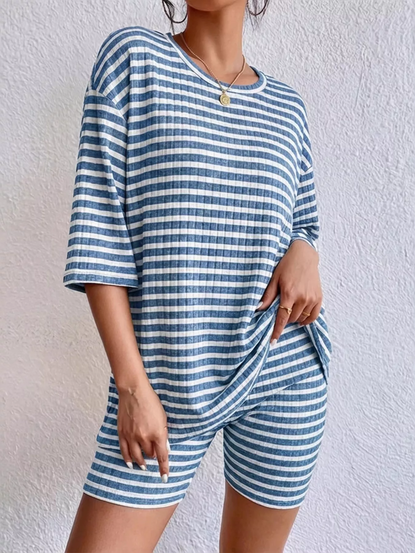 Striped Round Neck Top and Shorts Set - Image 13