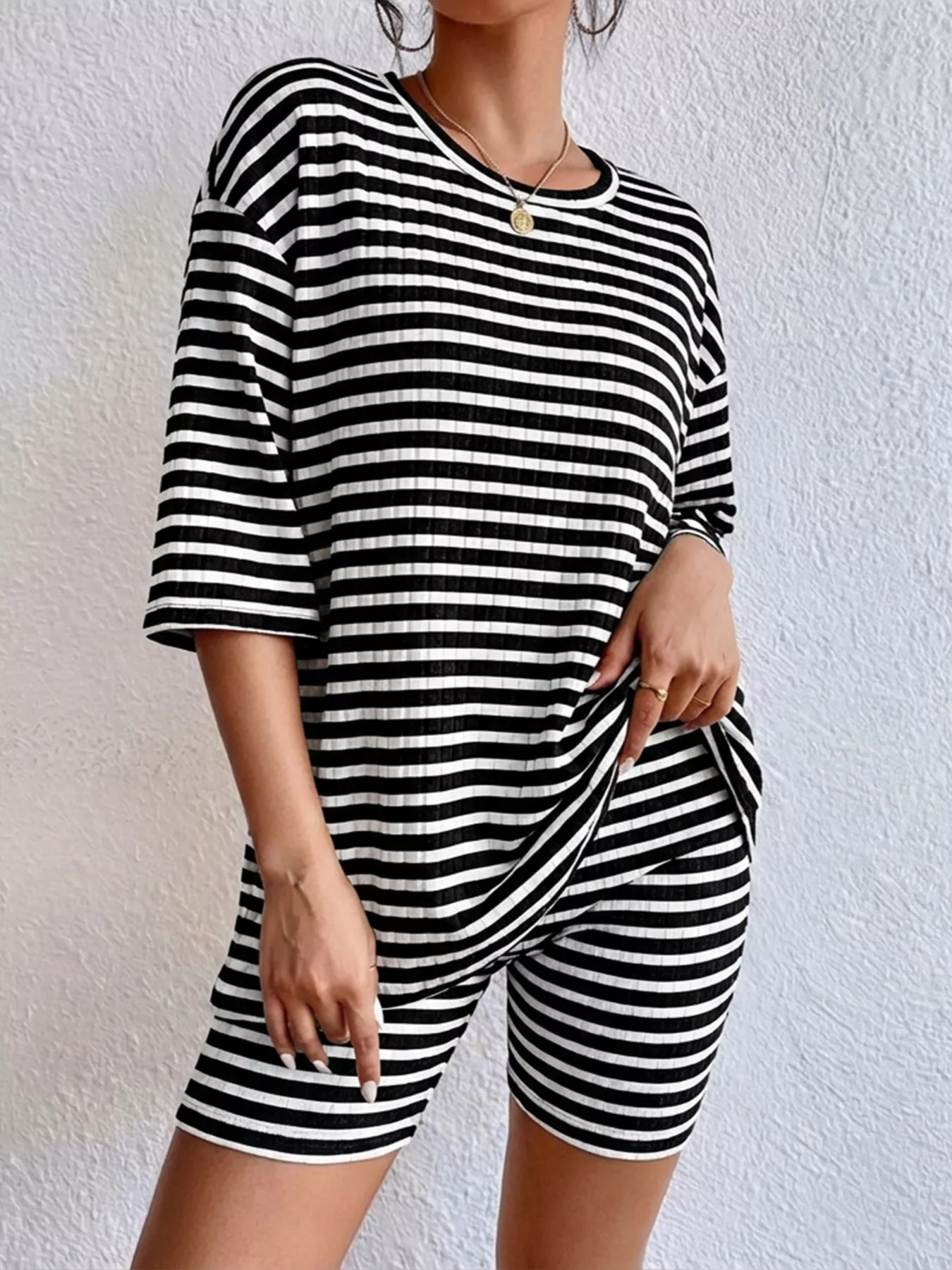 Striped Round Neck Top and Shorts Set - Image 6
