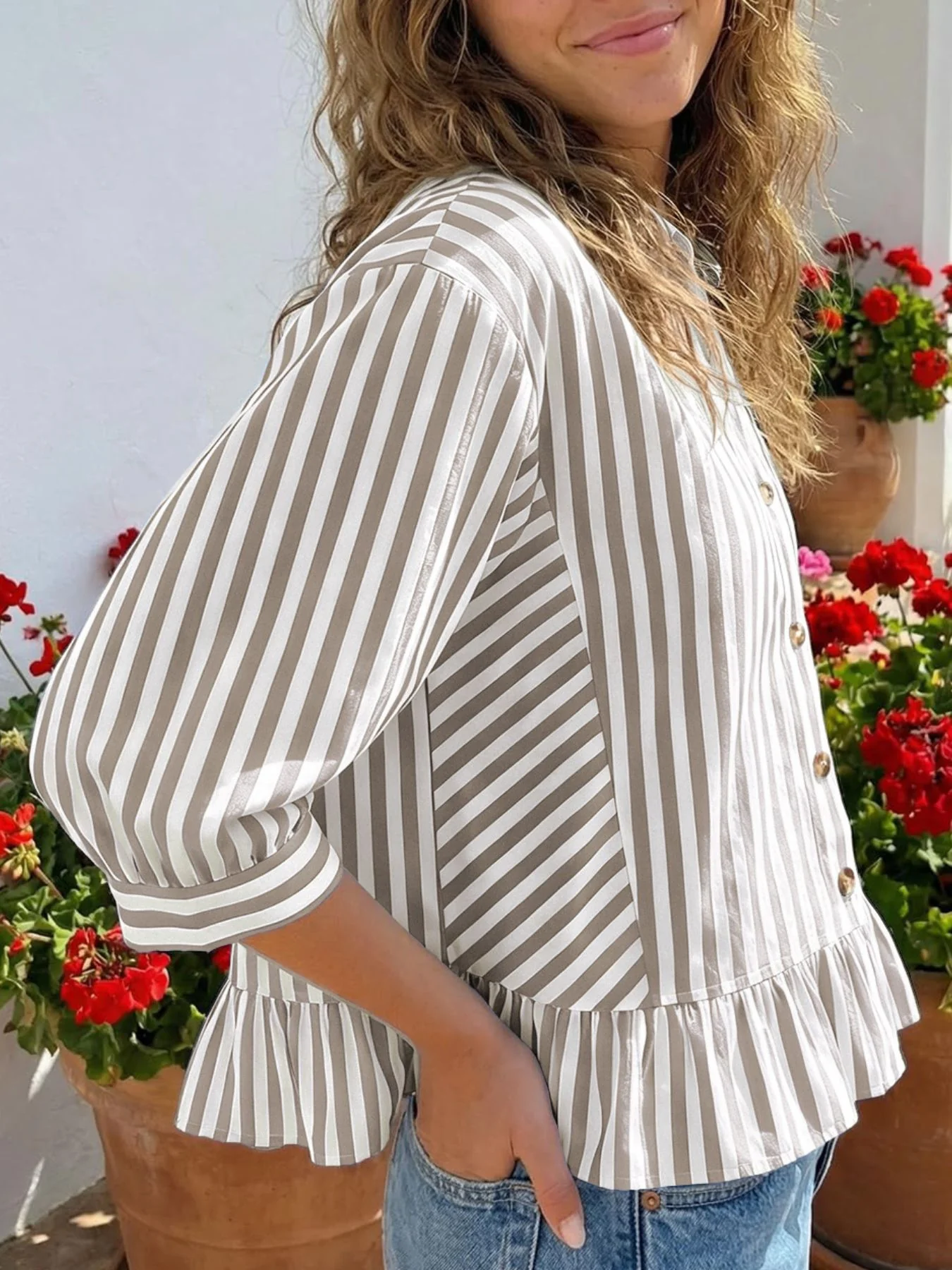 Striped Ruffle Hem Button-Down Shirt - Image 18