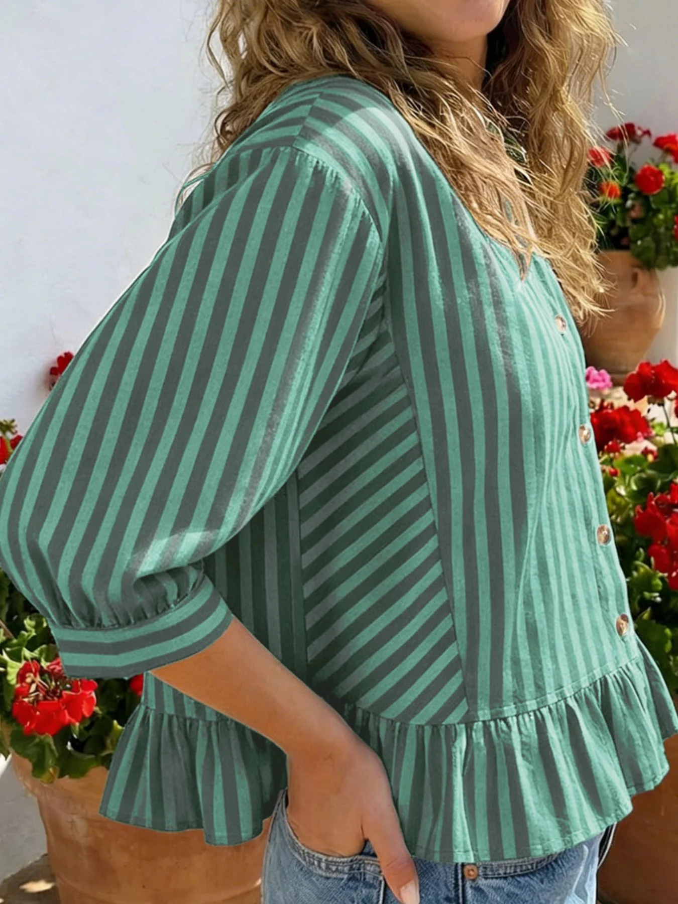 Striped Ruffle Hem Button-Down Shirt - Image 7