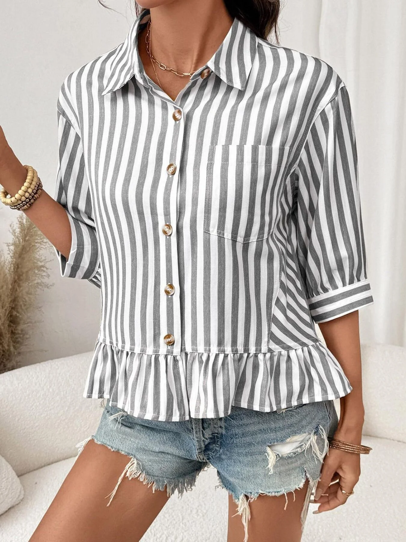 Striped Ruffle Hem Button-Down Shirt - Image 9